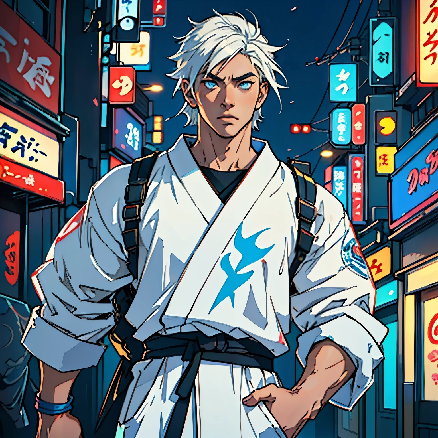 "Young Japanese man with medium-length white hair, white eyebrows, blue eyes, dressed in Japanese streetwear style, (best quality, highres, realistic:1.37), vivid colors, urban, cityscape, neon lights, bustling streets, stylish accessories, modern Tokyo, contemporary fashion, anime influence, graffiti art, cinematographic composition, atmospheric lighting, dynamic pose, confident expression, contrasting textures, urban backdrop, energetic vibe"