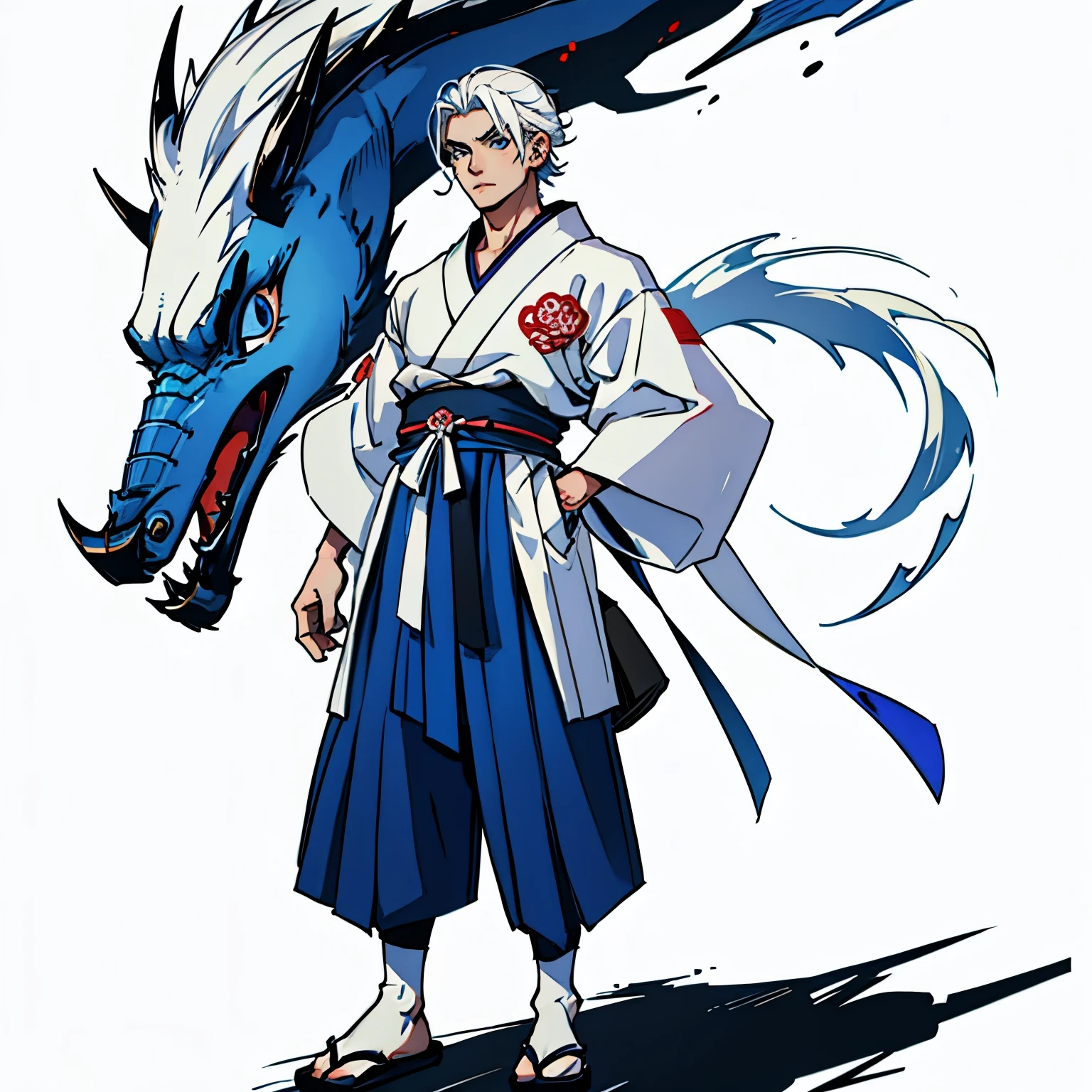 Young Japanese man with medium-length white hair, white eyebrows, blue eyes, dressed in Japanese streetwear style