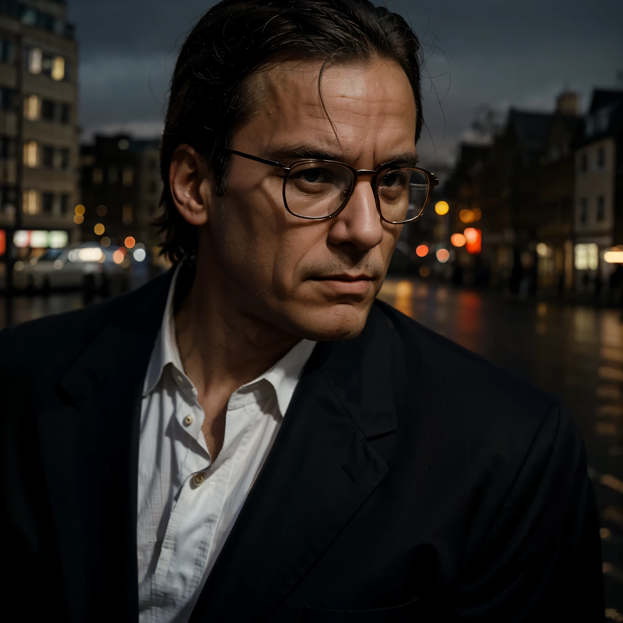 he is a man, he is a scientist, he is old, he wears glasses like a professor, he wears 90s mafia clothes, London city background,