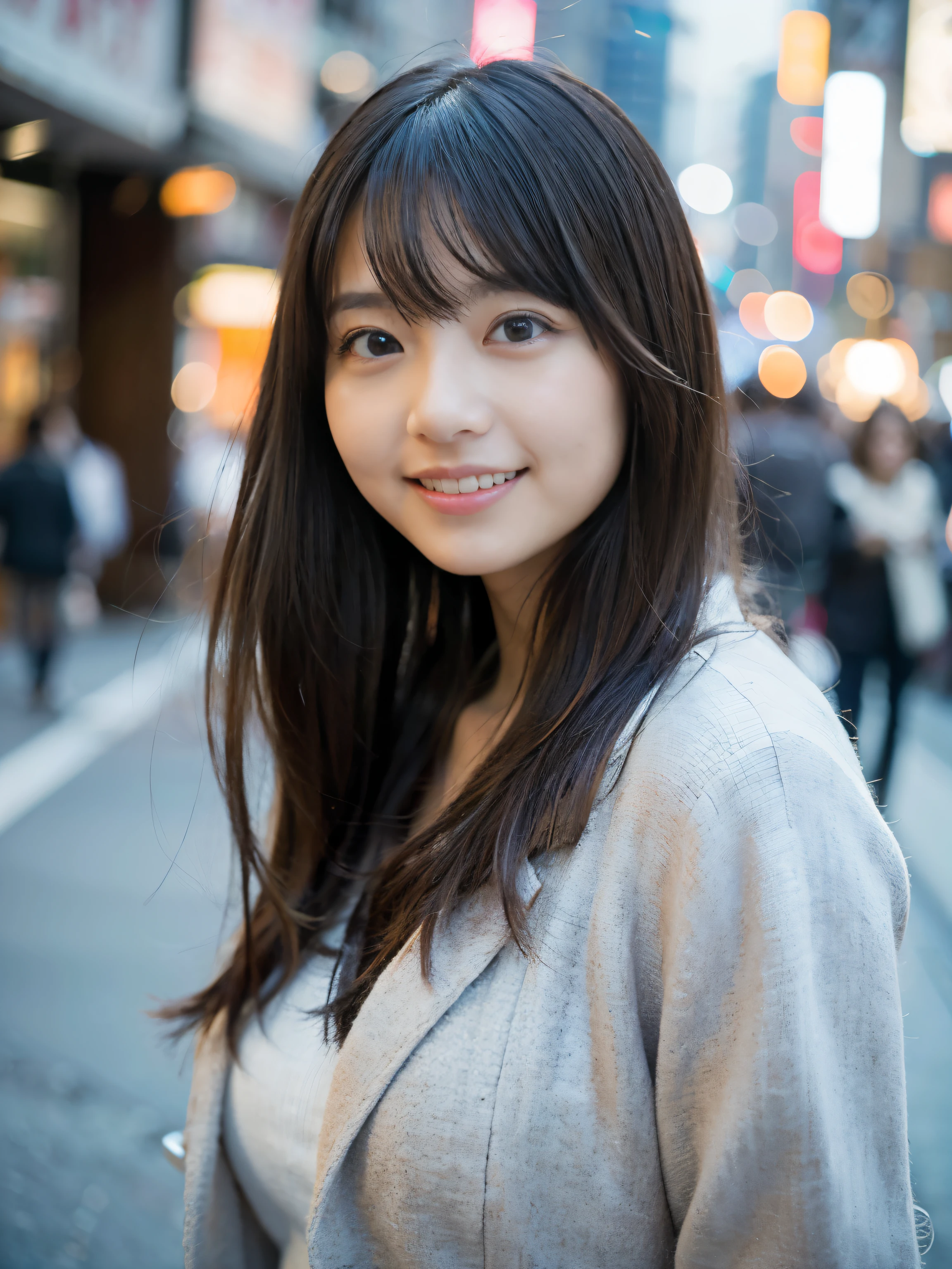 1 girl、Tokyo street、cityscape、Upper body、Close-up、laughter、、(8K、Raw photo、highest quality、masterpiece:1.2)、(realistic、photo realistic:1.37)、Highly detailed eyelash drawing、(((best image quality))),small tit、fine skin, (beautiful hair), (perfection Anatomy), (realistic), (dynamic angle), seductive pose,perfection,sensual look、highest quality、High resolution、smile