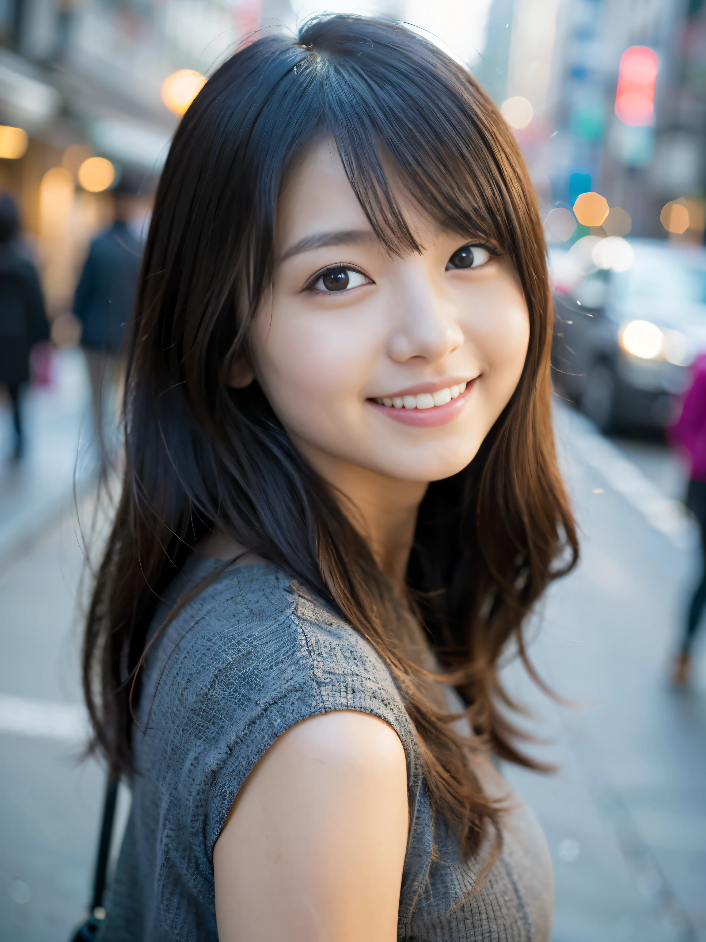 1 girl、Tokyo street、cityscape、Upper body、Close-up、laughter、、(8K、Raw photo、highest quality、masterpiece:1.2)、(realistic、photo realistic:1.37)、Highly detailed eyelash drawing、(((best image quality))),small tit、fine skin, (beautiful hair), (perfection Anatomy), (realistic), (dynamic angle), seductive pose,perfection,sensual look、highest quality、High resolution、smile
