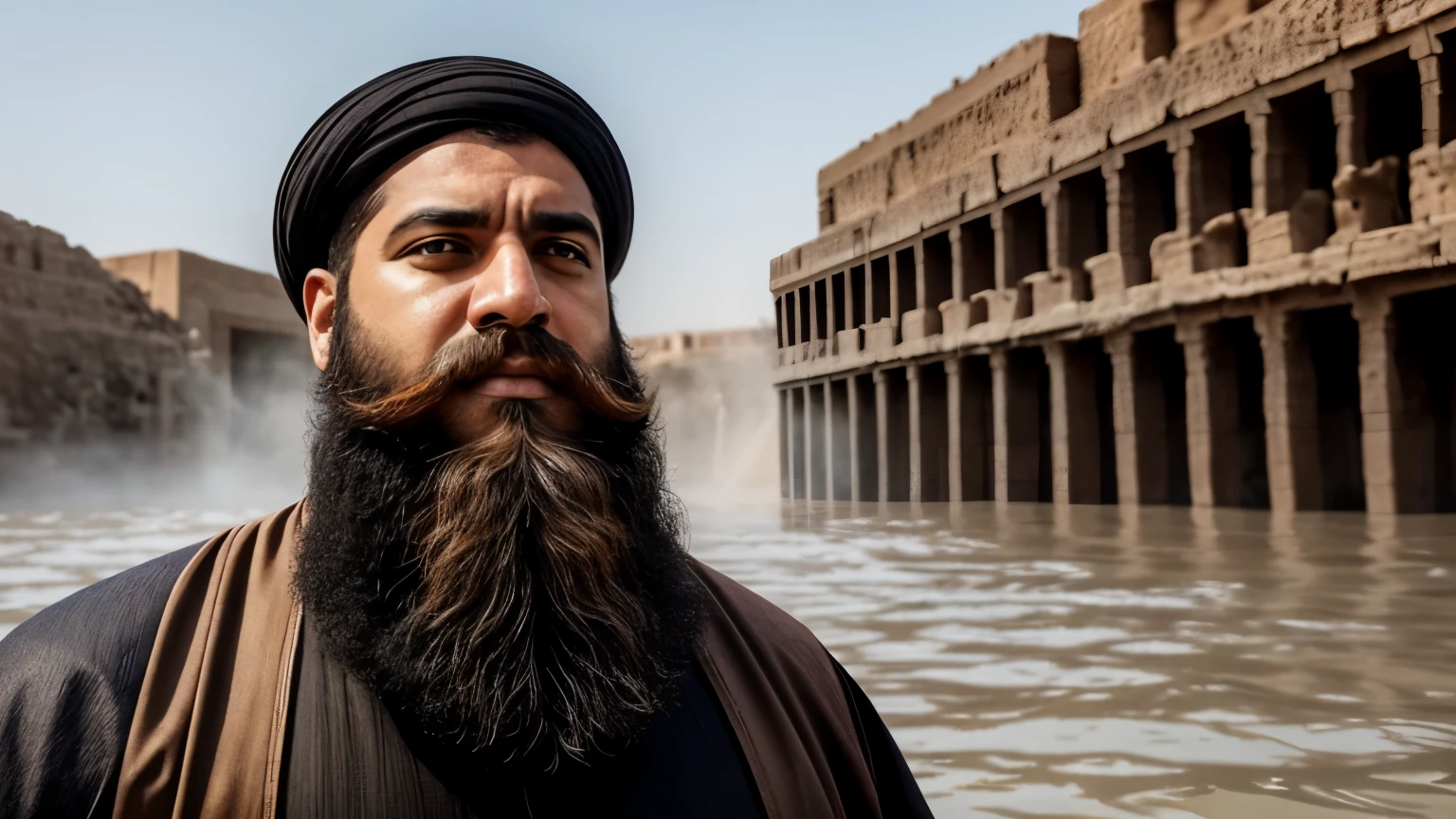 the face of a ancient Babylonian man Atrahasis (big beard), the flood in the background