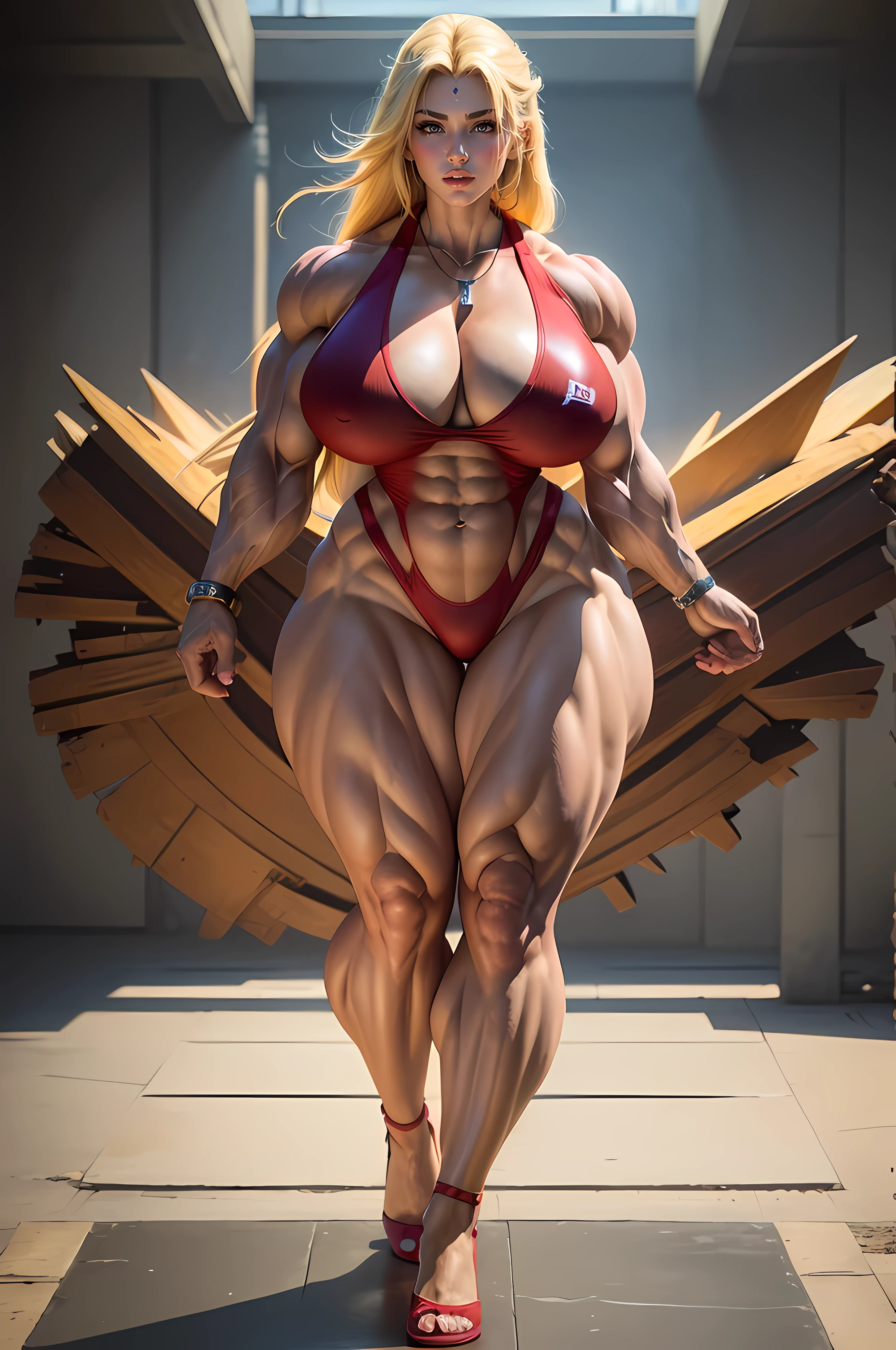 ((Masterpiece)), ((Best Quality)), ((Solo)), ((alone)), ((1girl)), Girl,long hair,yellow hair,smile,red lips,slanted eyes,pointy eyebrows,wearing earrings,wearing a necklace, (((accurate anatomy))), (((Huge breasts))), ((long legs)), ((wide hips)), ((((Muscular Legs)))), (((Massive Female Bodybuilder))), (((((Huge Muscles))))),wearing a dress,beutiful girl,pose,realistic,