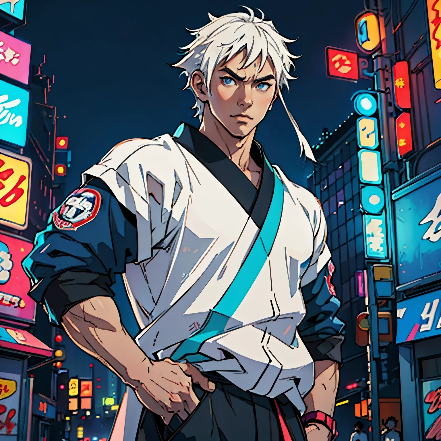 "Young Japanese man with medium-length white hair, white eyebrows, blue eyes, dressed in Japanese streetwear style, (best quality, highres, realistic:1.37), vivid colors, urban, cityscape, neon lights, bustling streets, stylish accessories, modern Tokyo, contemporary fashion, anime influence, graffiti art, cinematographic composition, atmospheric lighting, dynamic pose, confident expression, contrasting textures, urban backdrop, energetic vibe"