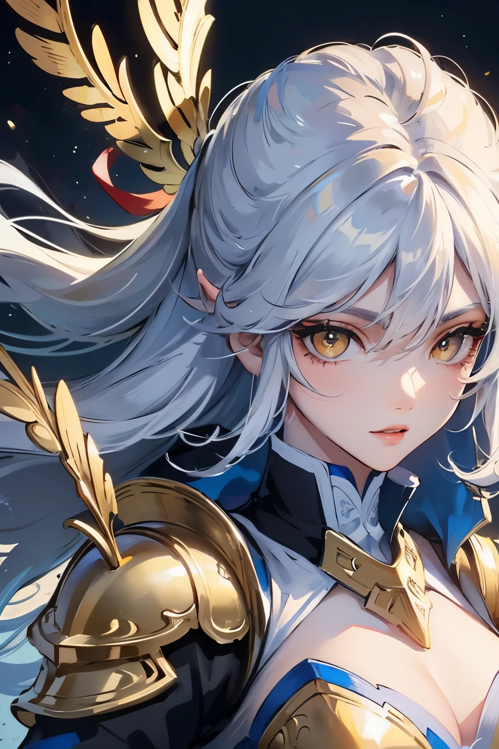((best quality)), ((masterpiece)), (detailed), perfect face, guardian angel girl, white long tai hair, golden eyes , big sword, armor angel