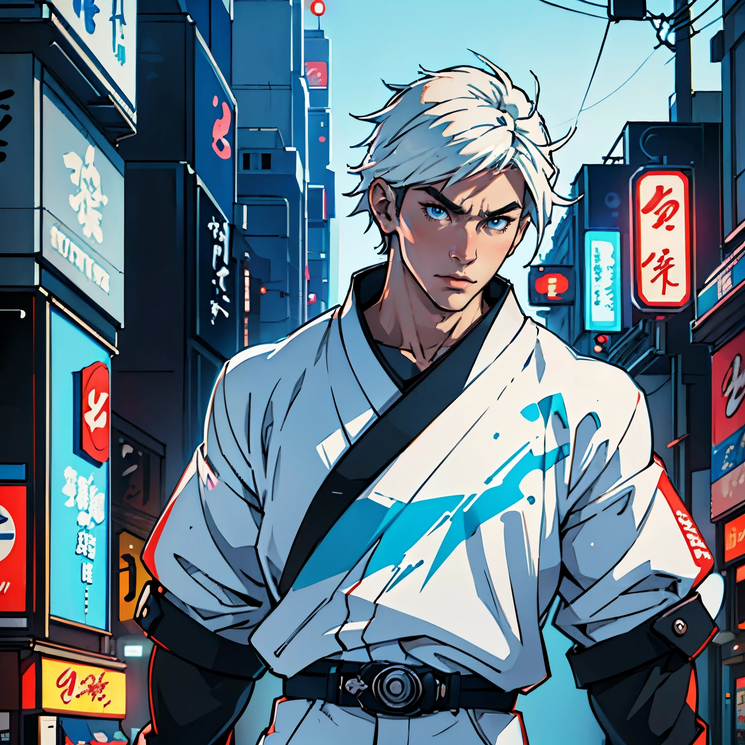 "Young Japanese man with medium-length white hair, white eyebrows, blue eyes, dressed in Japanese streetwear style, (best quality, highres, realistic:1.37), vivid colors, urban, cityscape, neon lights, bustling streets, stylish accessories, modern Tokyo, contemporary fashion, anime influence, graffiti art, cinematographic composition, atmospheric lighting, dynamic pose, confident expression, contrasting textures, urban backdrop, energetic vibe"