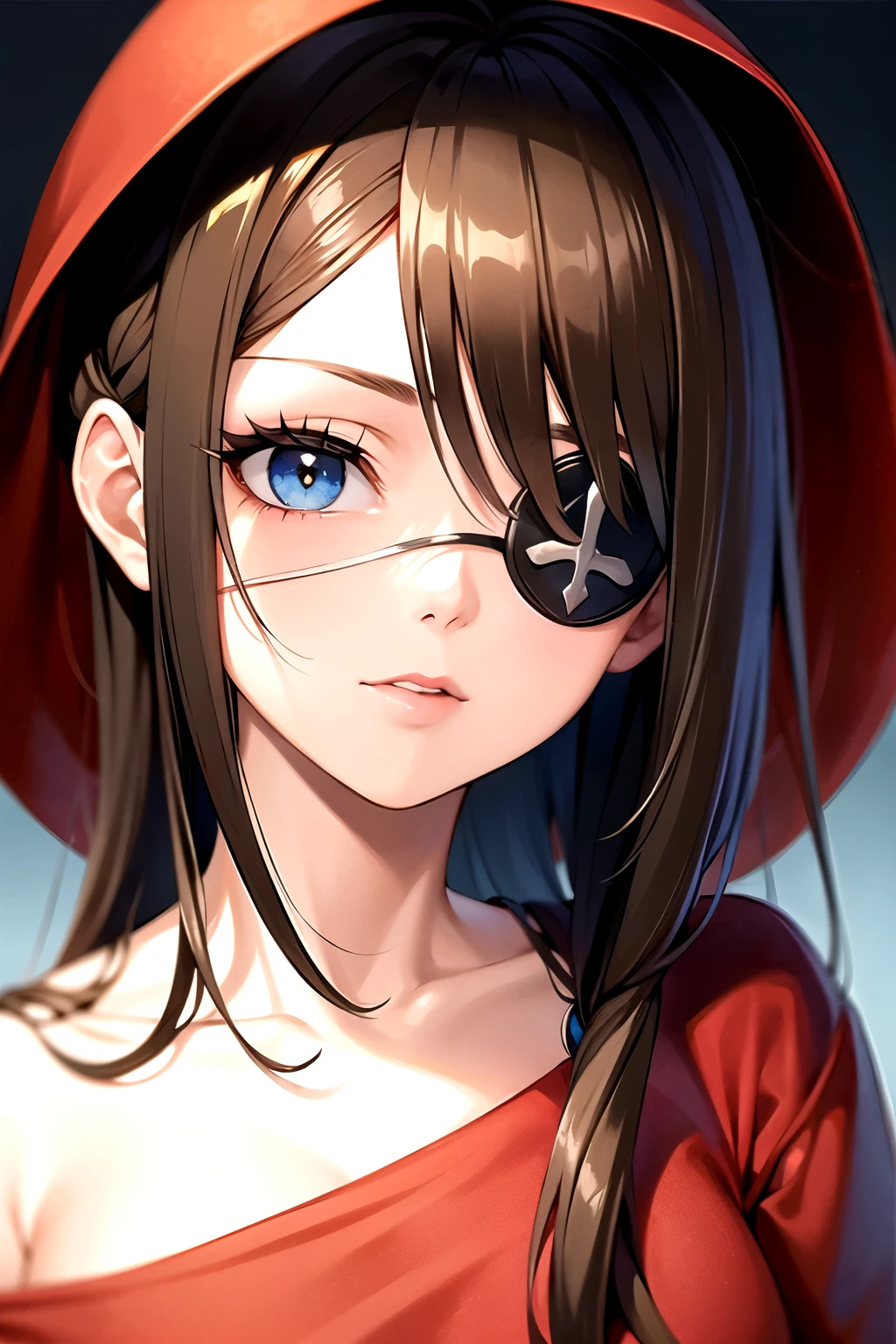 ((best quality)), ((masterpiece)), (detailed), perfect face, black eyepatch , little red riding hood, kind focus, brown hair, blue eyes