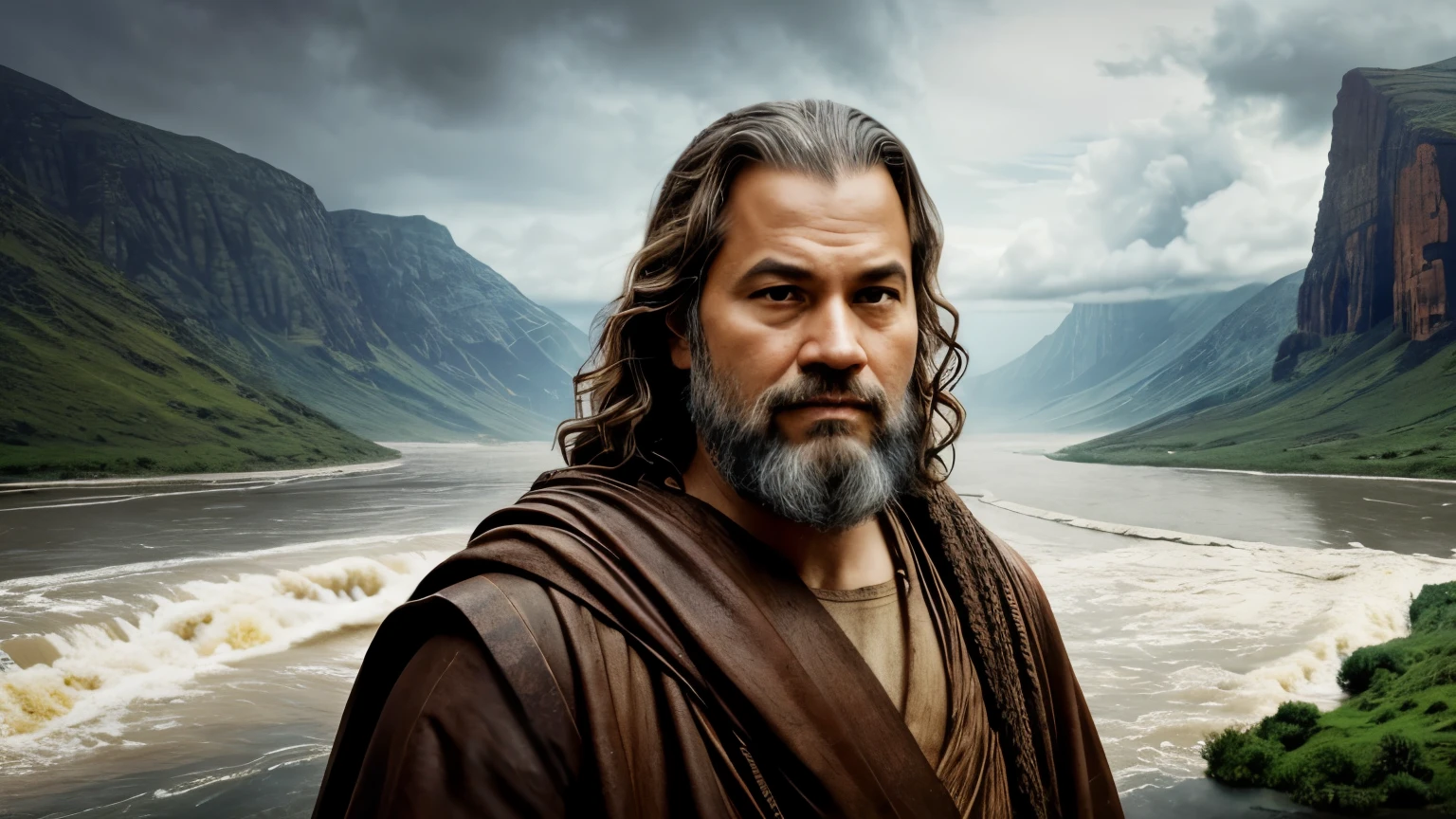 the face of noah the biblical prophet, the flood in the background