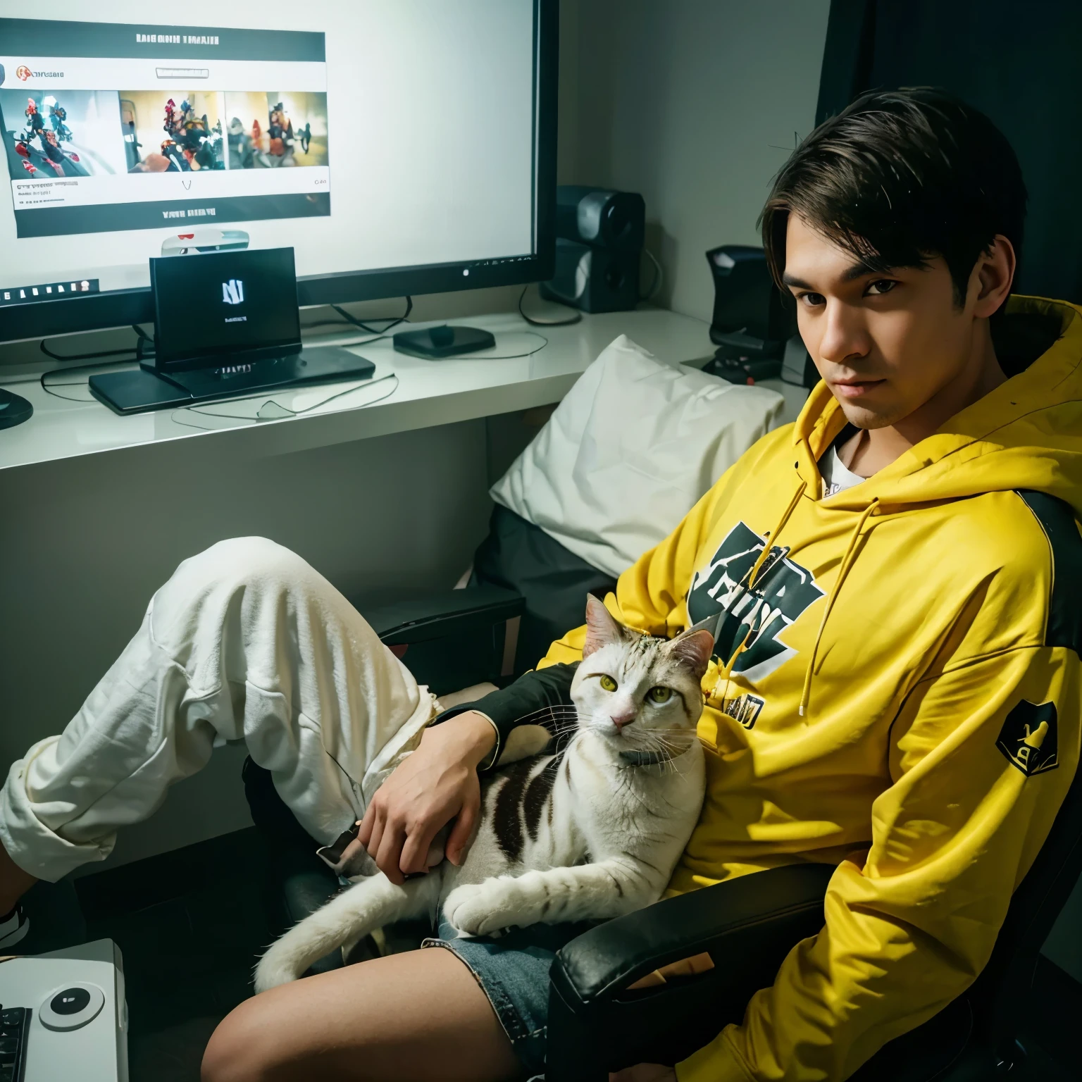 A man person sitting of gaming chair,with labtop,Playing a mobile legend game, with text ,Dwniyn, looking at the camera, yellow hoddie, , background as a mobile legend game, Nature ligh effect, realistic, Hd , high resaloutin, 8k, gaming room,white cat sitting,on her, inspired by mobile legend game,with green cat,