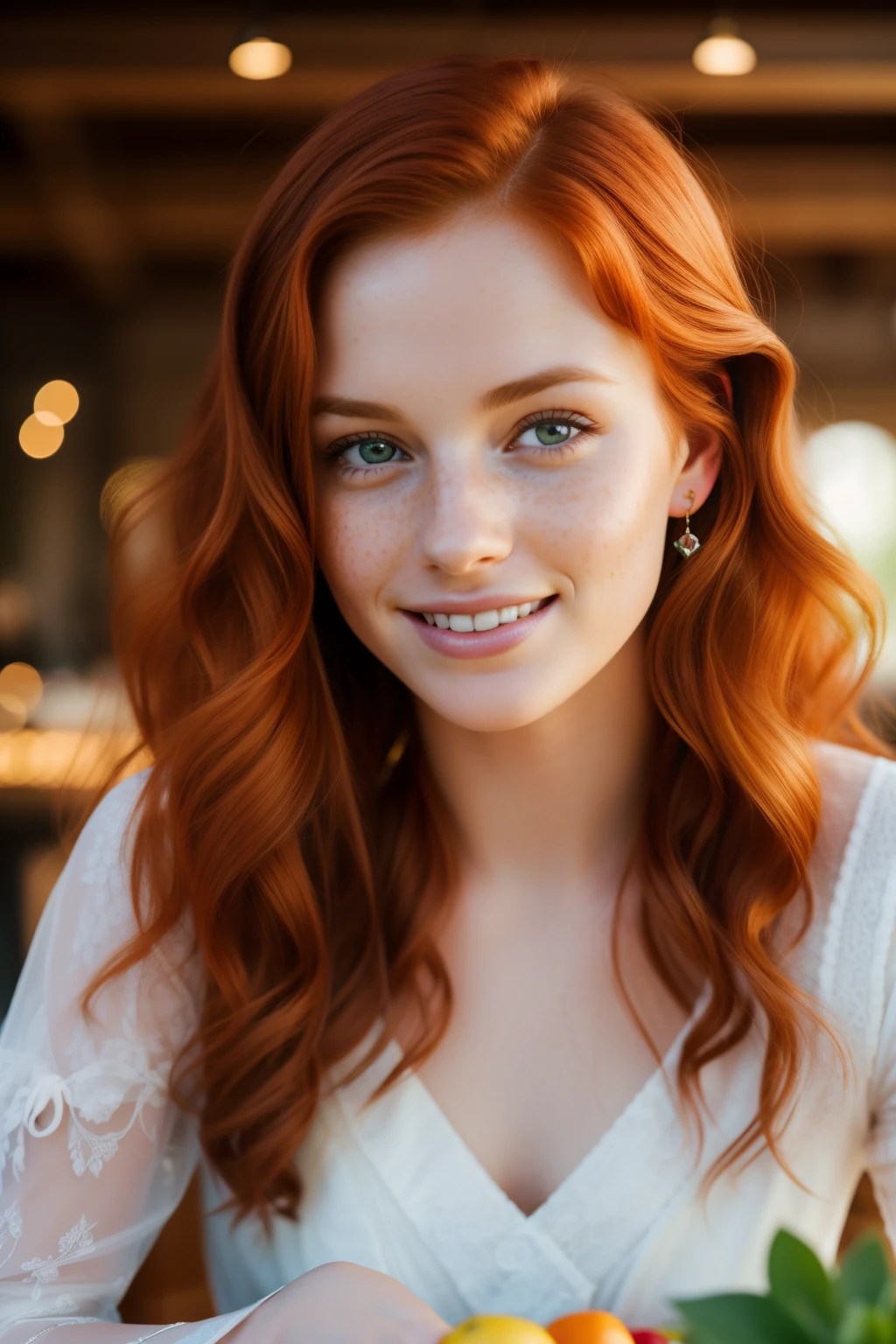 Smiling young redhead woman with freckles is seated at a table, gaze fixed forward with a radiant expression, capturing her playful and inviting demeanor. Detailed features reveal her rosy cheeks, sparkling green eyes, and beautifully textured red curls cascading down to her shoulders. The tabletop setting is colorfully adorned, setting the stage for a charming and engaging portrait. A natural, warm, and inviting ambiance envelops the scene, with soft, diffused light illuminating the scene and highlighting her stunning features. The background subtly blurs, drawing focus to her engaging countenance and the genuine emotion she exudes. High resolution, superb