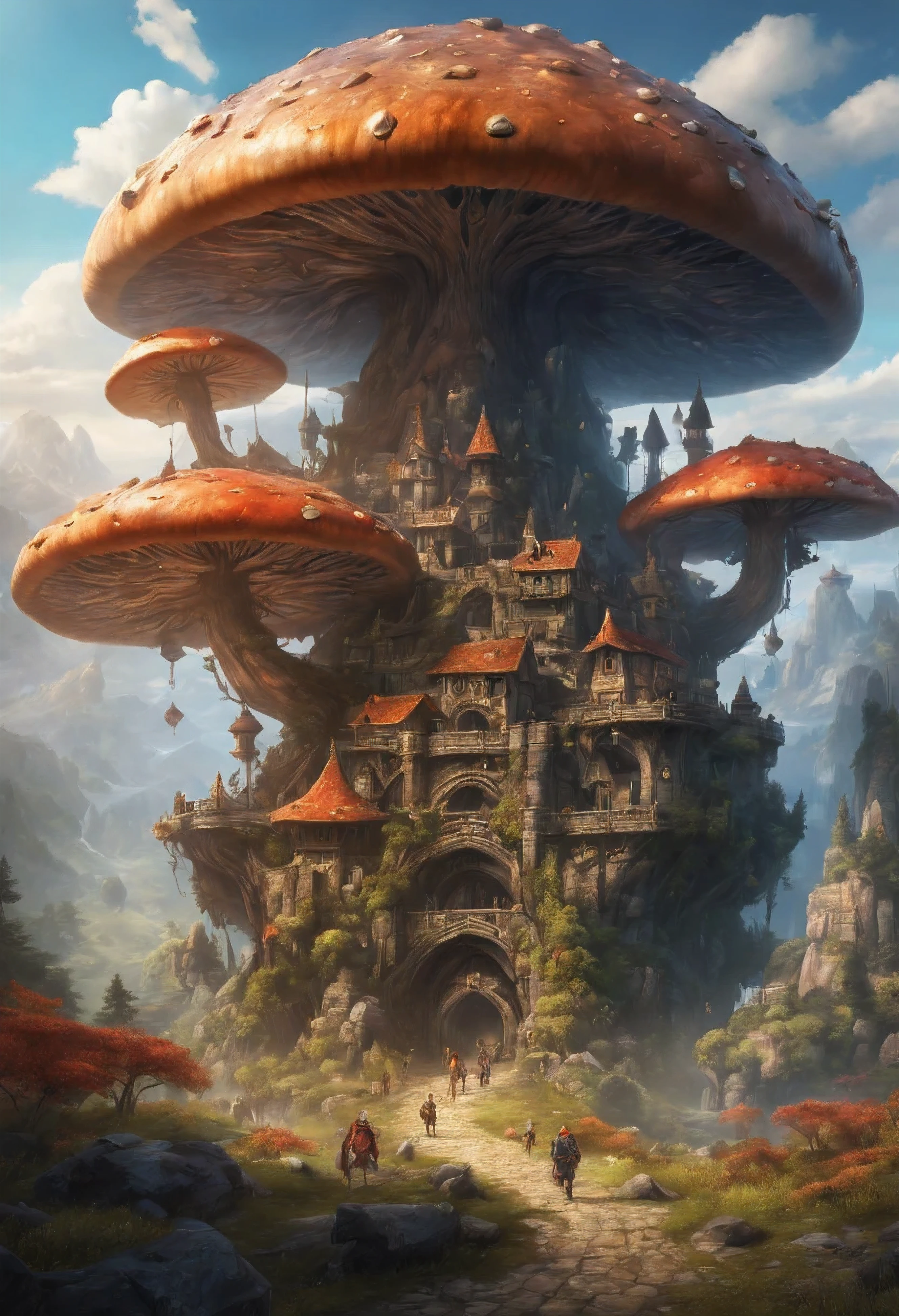 Montrez un paysage panoramique et pittoresque avec la dernière auberge à vue de loin, entouré d'une forêt de champignons géants, with couleurs vives and soft lighting (esthétique:1.2,haute résolution,HDR),traits du visage réalistes,Expressions émotionnelles,monde fantastique,Paysages élaborés,forêts enchantées,Montagnes majestueuses,Batailles épiques,Donjons dangereux,créatures magiques,armure détaillée, guerriers,Éclairage dramatique,couleurs vives,quêtes héroïques,quête de trésor,lutte contre le mal,camaraderie de compagnons,voyage pour sauver le monde,des défis inattendus,Des rencontres palpitantes,composition avec profondeur,textures riches,attention au détail,expérience immersive,sens élevé de l'aventure.