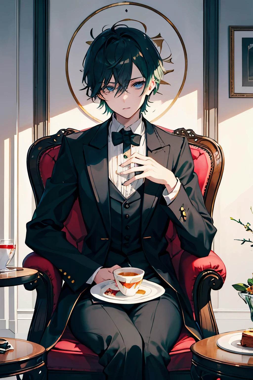 male Dark green hair blue eyes short hair one person Aristocratic costume plush furnishings eat cake set Drinking black tea table sit in a chair masterpiece Highest image quality noise removal clear parts cinematic shadow Increased attractiveness of the eyes clear parts the shine of the eyes Draw eyelashes neatly perfect eyes detailed eyes Sharpen image quality Sharpen eye writing clear parts eye shape