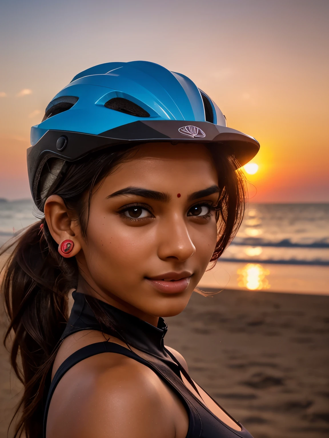 20 years old extremely beautiful brown Tamil girl, cyclist riding cycle, (wearing:1.6 cyclists clothes helmet gloves goggles sports shoes baseball cap wrist watch), ponytail long hair, no ornaments, clear skin, sweat body, light reflecting from body, eyes symmetry, face symmetry, toned body, bright smile showing thumbs up, look at viewers, back lit, beach road, evening crimson red sky in the background, vibrant colors, (intricated detailing:1.6 face & eyes & nose & ears & lips & curves & skin & body parts) (extreme detailing of picture) (brilliant cinematic lighting effects), HDR, hyper realistic, yocto-pixel detailing, yotta-pixel image