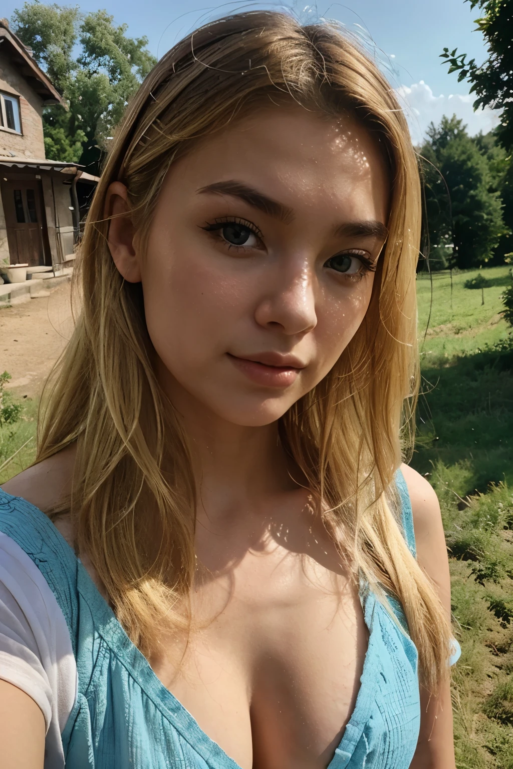 blonde Eurasian selfie in the countryside 