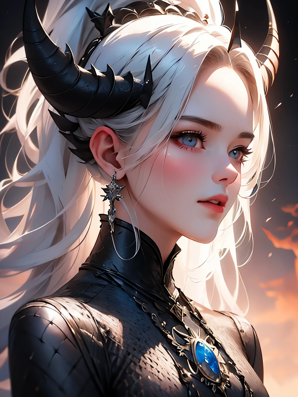 Portrait of a dragon girl. Silver scales instead of skin, 3 pairs of gray twisted horns protrude from the head. Gray eyes with narrow pupils. White hair braided into a high ponytail