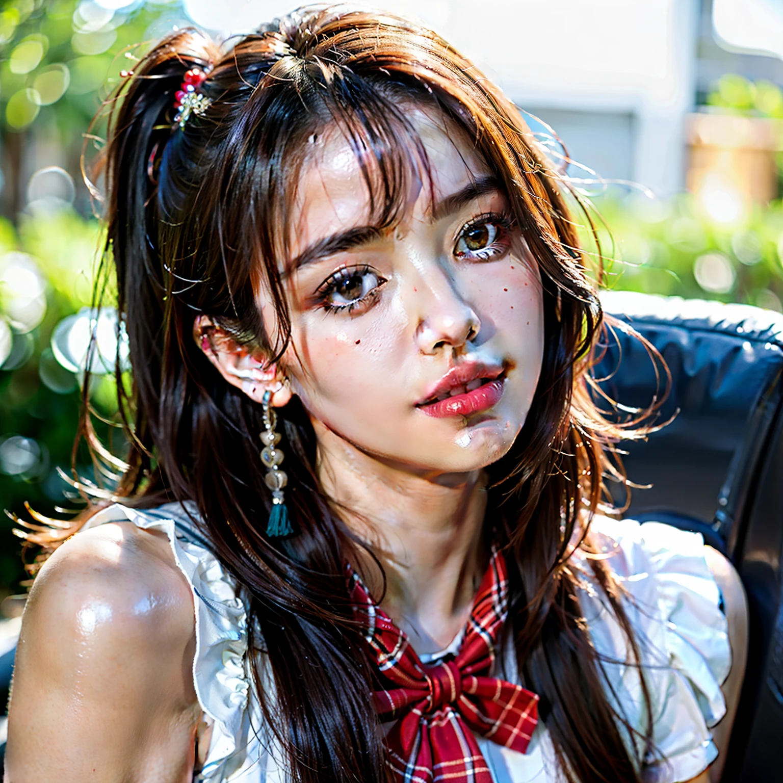 nsfw, 8K raw photo, Best quality, masterpiece, ultra high res, film grain, filmg, 1girl, looking at viewer, natural skin texture, realistic eye and face details, full lips, lipstick, (makeup), red eyeshadow, fluffy short hair, messy hair, smile, close mouth, beautiful legs, tall female, skinny, slim_legs, solo, enormous breast, cleavage, Pose with buttocks facing you, ultra short skirt, ass, shirt, beautiful nature location, around flower location, (detailed background), plaid skirt, white shirt, enormous breast, cleavage, Show a little cleavage through the shirt, loafers, blurry background, blurry, holding, plaid, short sleeves, jk ribbon on the neck, jk ribbon, brown hair, bracelet, water, bangs, school uniform, jewelry, parted lips, lips, from side, pleated skirt, depth of field
