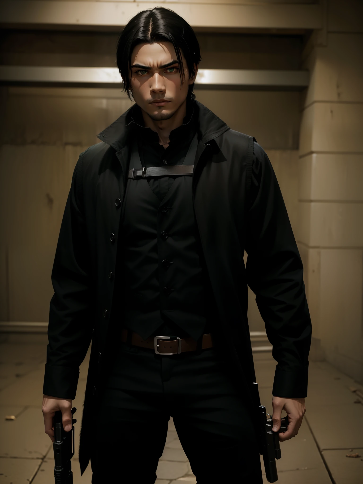 1 young black-haired man, long black vest, serious look, anime 1 man, green eyes, full body shot, cowboy shot, long black vest, serious look, anime, holding a gun holding weapon.