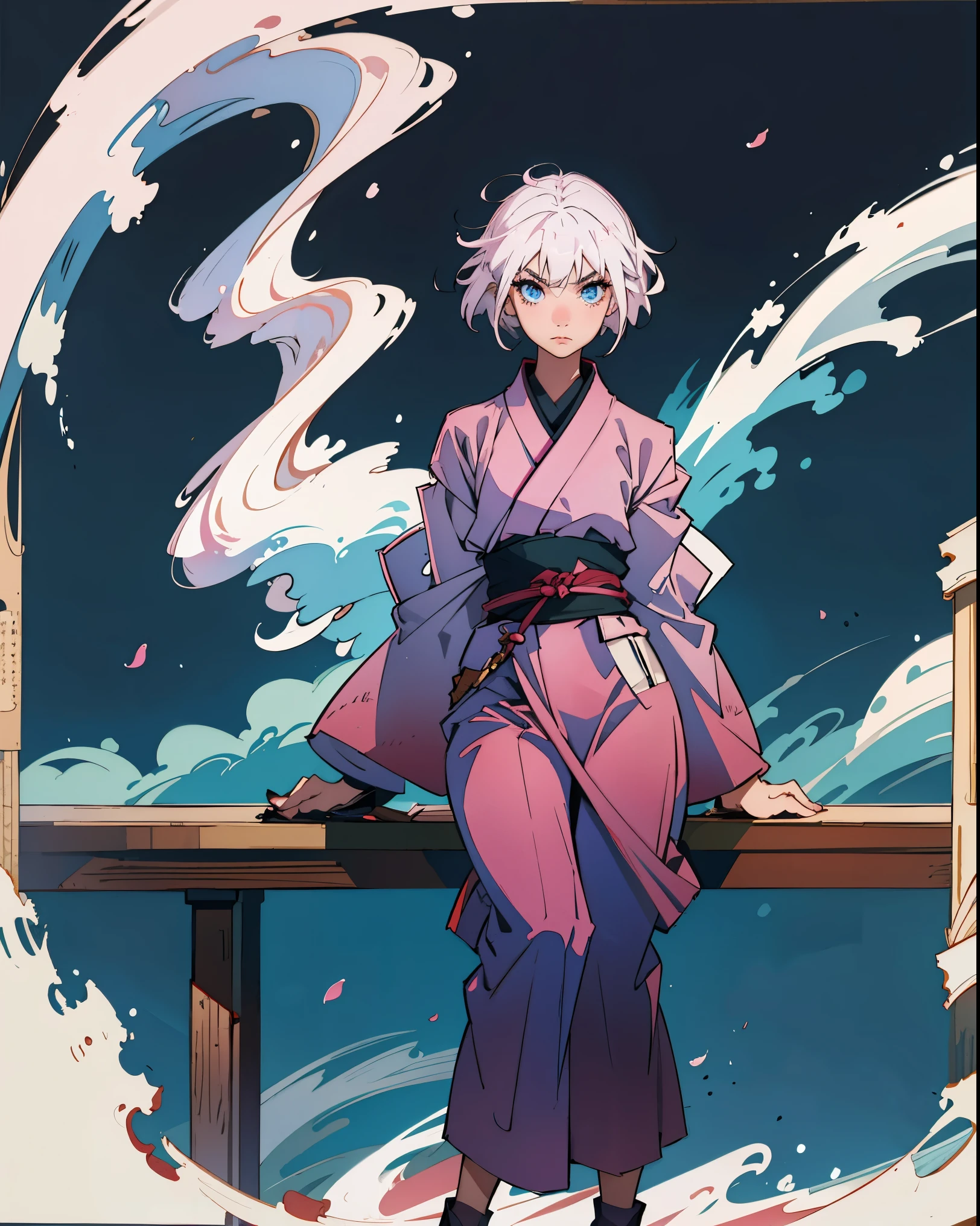 1boy, A young Japanese man with medium-length white hair, white eyebrows, blue eyes, dressed in Japanese streetwear style and a young woman with pink blunt-cut hair, wearing baggy pants and a short pink blouse, sitting on a bridge watching Los Angeles black kimono, holding katana, cool,dark background, showing his back and watching the viewer, standing, short hair, black katana