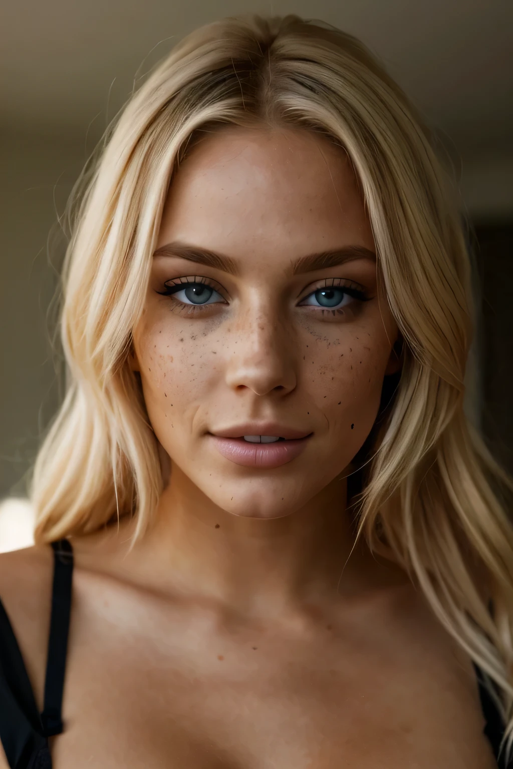 blond woman with blue eyes and a black bra top posing for a picture, photo of a beautiful woman, portrait of a beautiful model, beautiful blonde woman, extremely beautiful face, gorgeous attractive face, close-up perfect face, beautiful blonde girl, close up of a blonde woman, attractive beautiful face, stunning closeupheadshot, soft portrait shot 8 k, beautiful perfect face, freckles on her face