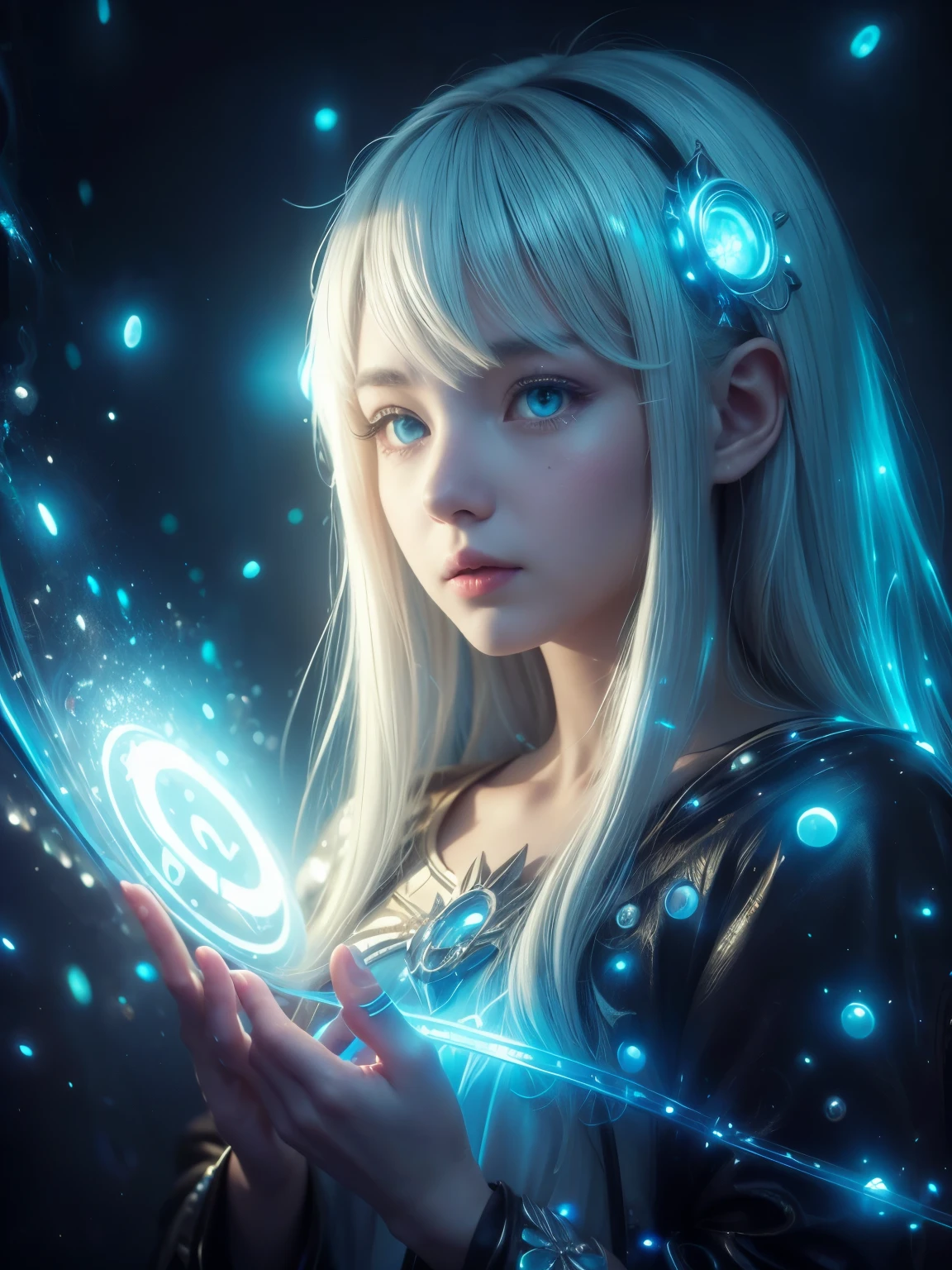 ((upper body)), best quality, masterpiece, a Japanese woman with ((Luminescence white hair)), ((detailed pearl blue eye)), high detailed goddess soul, focus on character, solo, (style swirl magic), solo, from front, front view, looking at viewer, detailed face, ((Luminescence Lighting Magic Circle theme)), perched on a ledge, tight neon body, light streaks, dark abyssal wanderer abstract, ((Simple Luminescence Neon Gown)), inscribed with mystical runes, outdoor dystopian background,