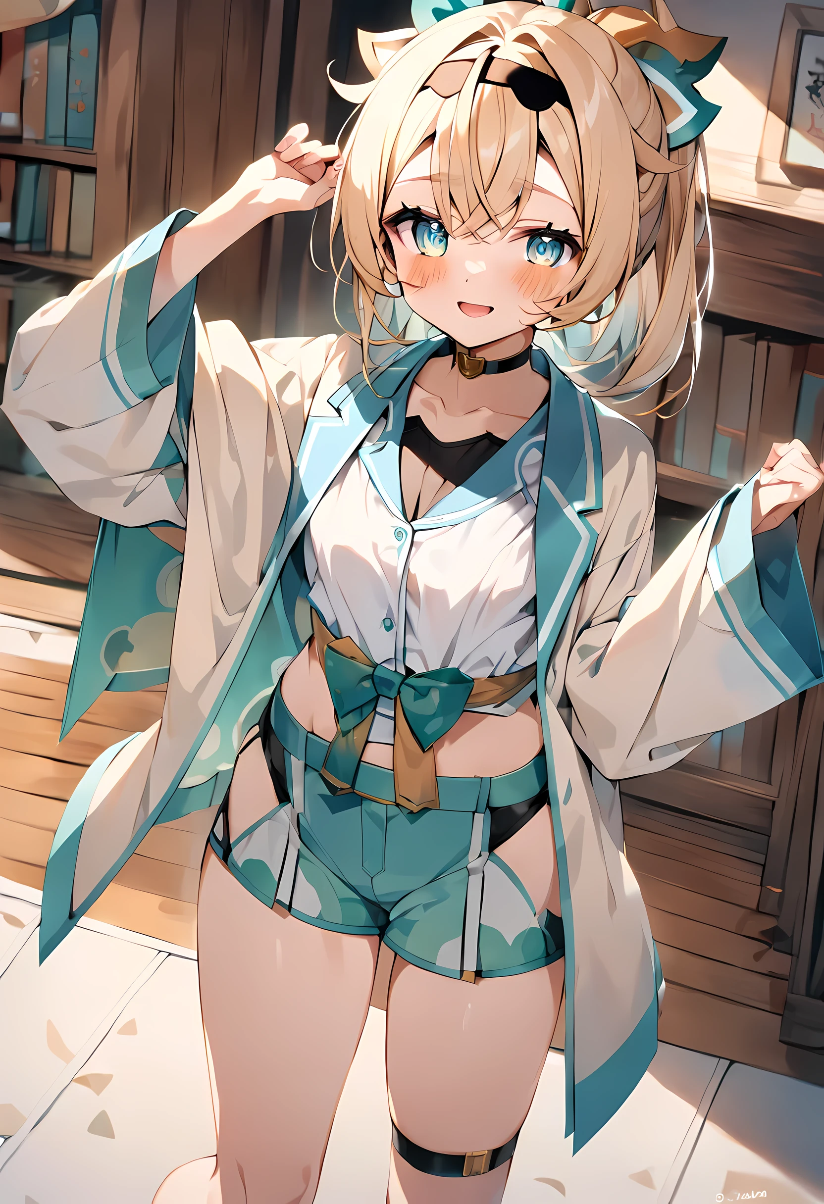 amicia michella - nijisanji, anime style, 1boyl, brown short hair, yellow inner hair, wavy hair, green eyes, detailed eyes, midriff, girly face, seductive, thin lips, painted lips, shy smile face, wide hips, thick thighs, huge round ass, small breast, bulge, bunny ears ornament, black bunny suit, high-neck collar, bow tie, thigh high, garter, full body, dynamic pose, night club, nsfw