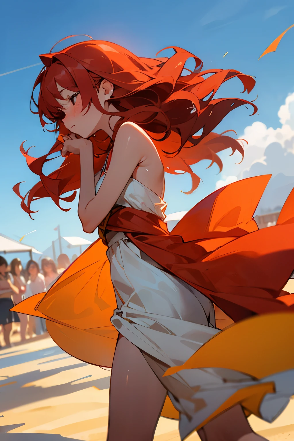 One girl, with fiery red hair, steps onto the Hot Sand Stage. She wears a revealing, sun-kissed outfit and carries a water bottle in one hand, sweating profusely from the scorching heat. A crowd of onlookers, their eyes transfixed, part as she walks towards the center of the stage. With a shy, blushing expression, she takes a deep breath and turns her back to the audience, her long, wavy hair billowing in the breeze.
As she closes her eyes, a sudden gust of wind blows across the stage, causing her hair to spray out behind her in a dramatic arc. A faint blush deepens on her cheeks, and