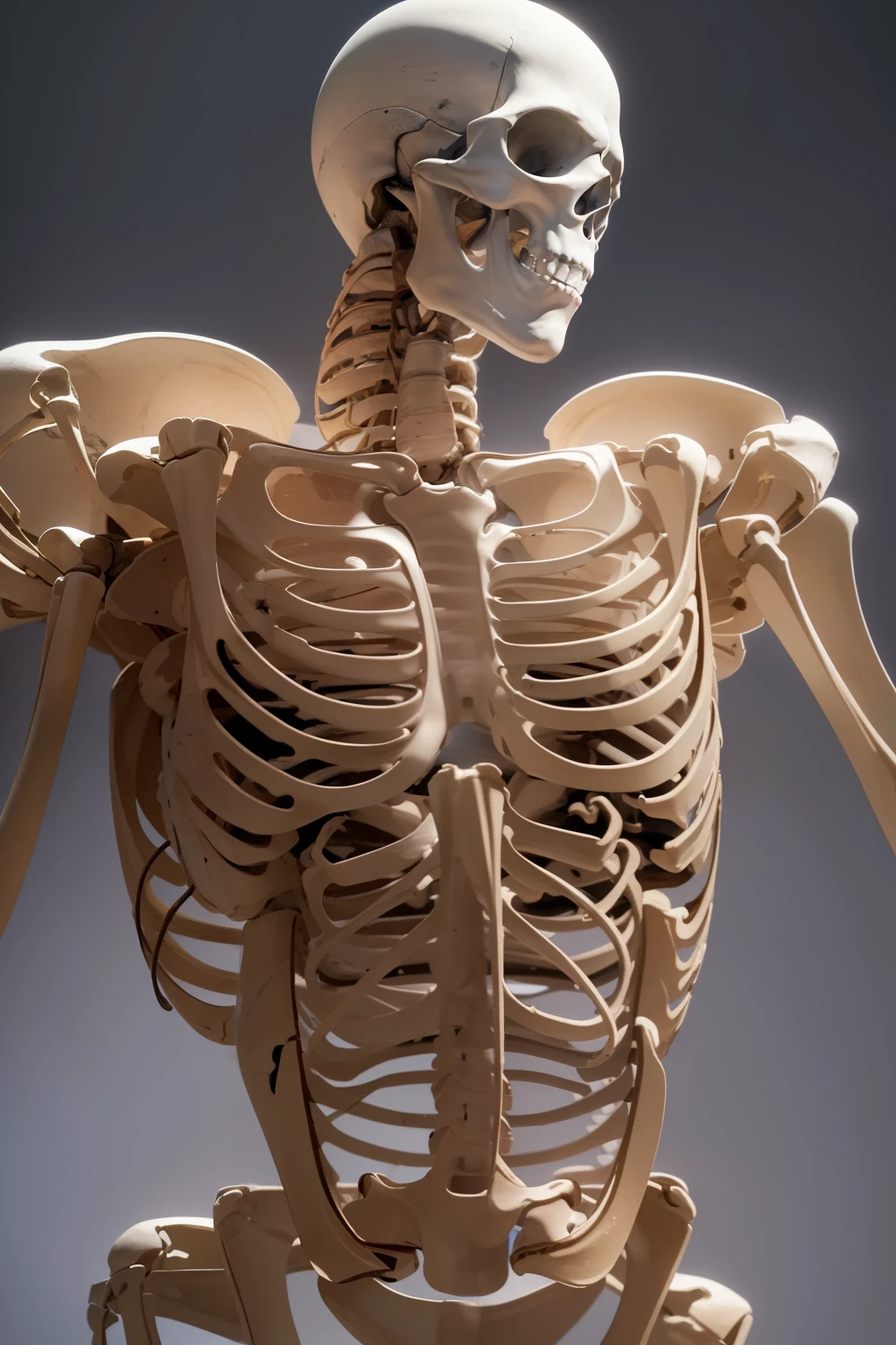 ((8k, RAW photos, top quality, masterpiece: 1.2), (realistic, photorealistic: 1.37), anatomically correct, high resolution, 1 skeleton, intricately detailed, skeletal system, cadaver, x-ray view, stripped down, muscles and bones visible, (anatomically accurate labels), movie lighting, bright and clear, (anatomically correct skeleton: 1.5), blood vessels clearly seen, muscles attached, close-up view, (detailed anatomy), (anatomically correct skeleton illustration: 1.2), mesh texture, normal maps, specular mapping, self-illuminated