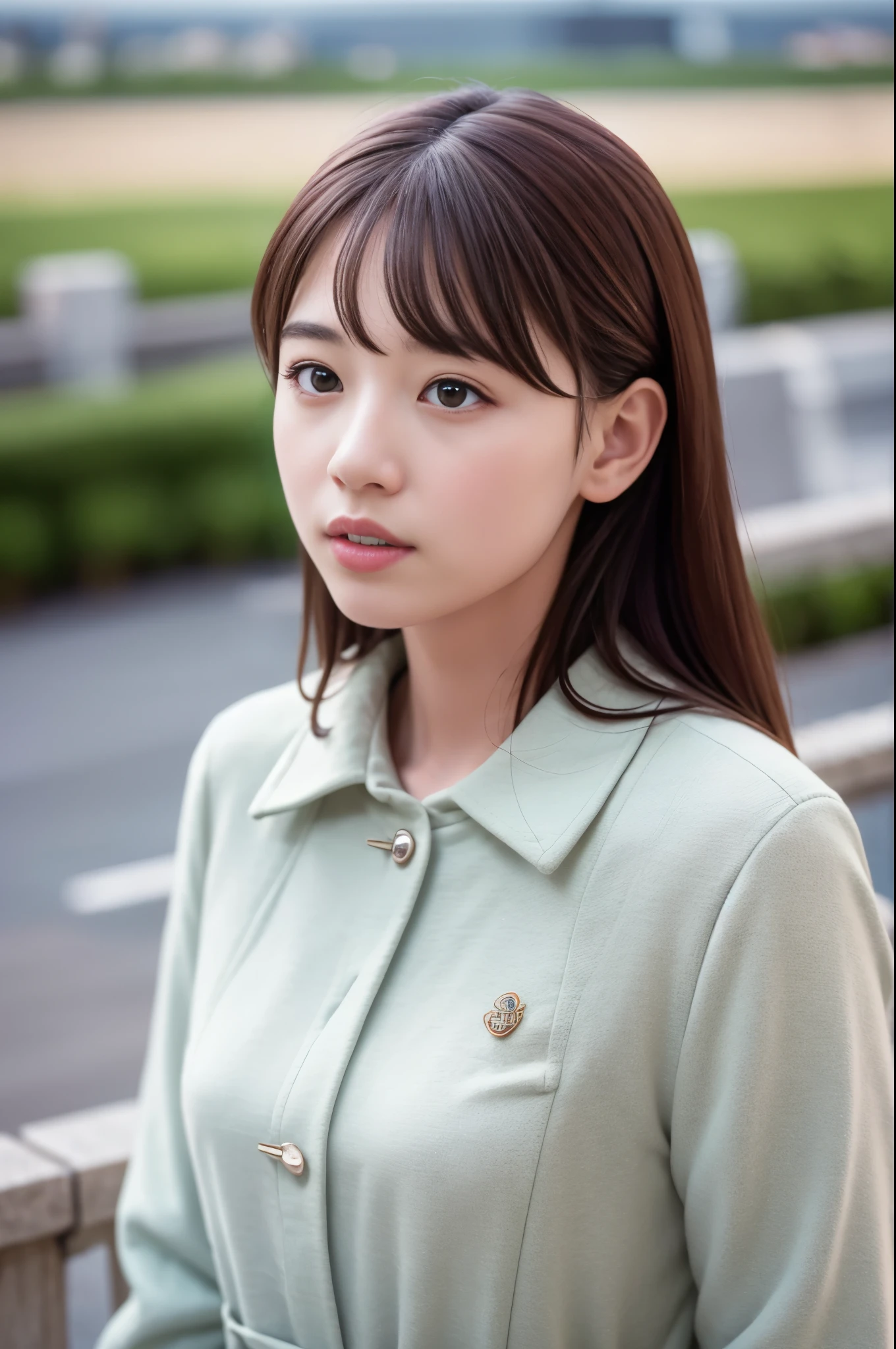 (8K, RAW photo, highest quality, masterpiece:1.3), (realistic, photo-realistic:1.4), (Highly detailed 8K wallpaper), sharp focus, Depth of written boundary,
japanese idol,very cute, (coat:1.3),(straight here : 1.4), Upper body, highly detailed face and eyes,((shiny skin:1.2)), cinematic lighting, soft light, blur background, (A city with historical landmarks, such as a castle or a cathedral)