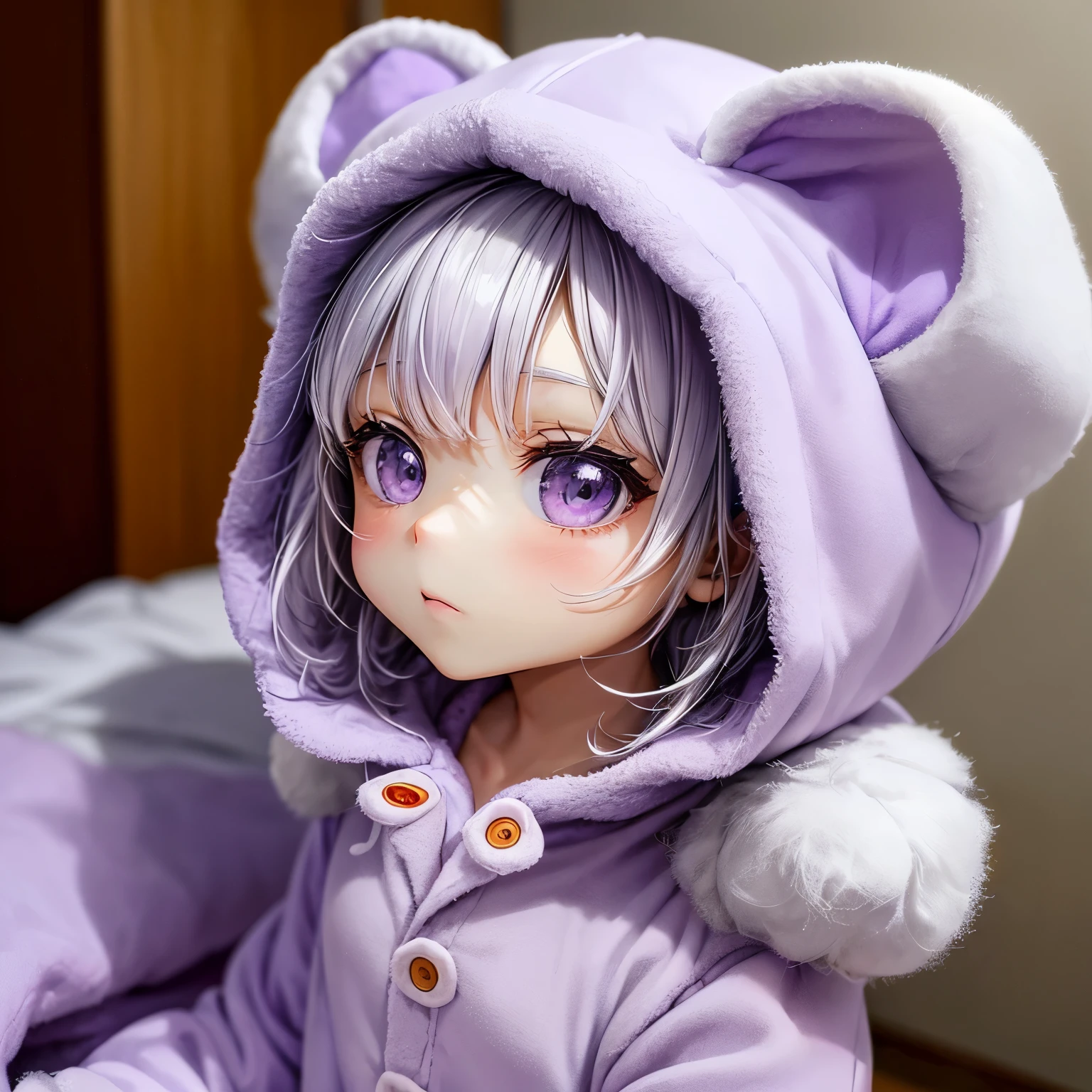 Chibi, Nendoroid, ((worst quality, low quality)), ((Close-up), profile,1.5 facing left), ( girl), white hair, (Fluffy bear costume pajamas:1.4), (Open pajamas:1.2), (light purple pajamas:1.4), Animal Hoodie, (hood up:1.under the hoodie, oversized hoodie, five fingers, perfect hands, bedroom background, best quality,Super detailed, masterpiece,