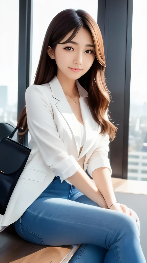 Highly detailed CG Unity 8K wallpaper, highest quality, super detailed, look at the camera:1.2, light shines on your face:1.5, professional lighting,
28 years old, woman, Japanese, city casual style, Wavy medium hair, Chocolate brown, contour: Slightly rounded oval, Eyebrow: natural arch, eye: With a big single eyelid、upward facing almond shape, brown eyes, nose: small and high, mouth: soft smile, clothing: silk blouses and tailored jackets、Slim fit jeans、high heel boots, A luxurious city girl, background: In a city office district、Beautiful sunset reflecting off the building window glass
