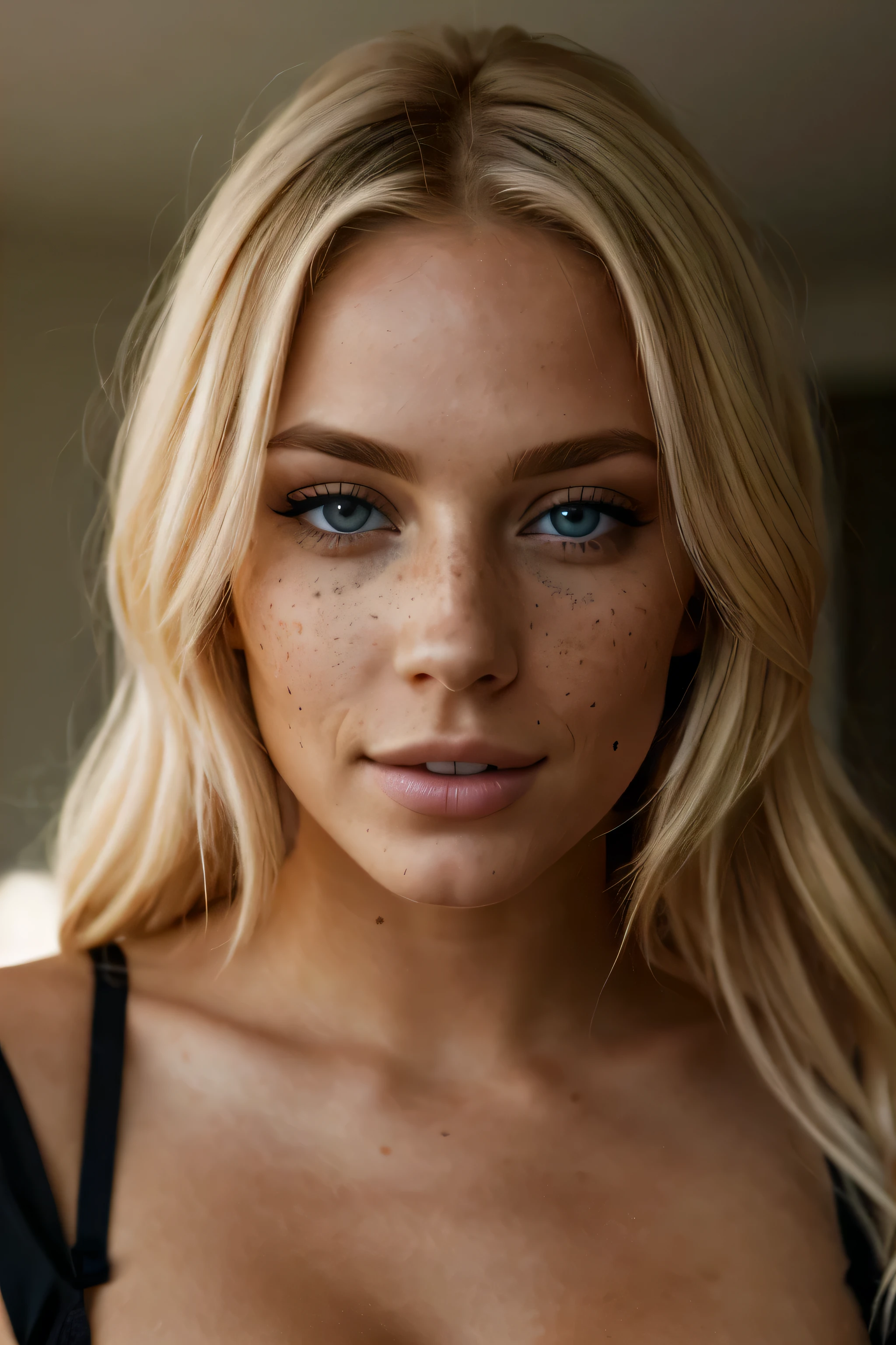 blond woman with blue eyes and a black bra top posing for a picture, photo of a beautiful woman, portrait of a beautiful model, beautiful blonde woman, extremely beautiful face, gorgeous attractive face, close-up perfect face, beautiful blonde girl, close up of a blonde woman, attractive beautiful face, stunning closeupheadshot, soft portrait shot 8 k, beautiful perfect face, freckles on her face