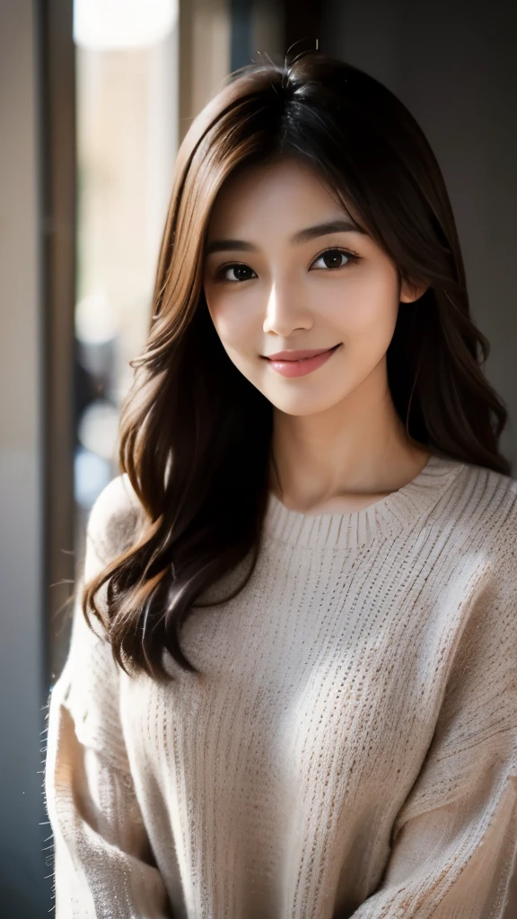 (Highly detailed CG Unity 8K wallpaper, highest quality, super detailed, look at the camera:1.2, light shines on your face:1.5, gray background, professional lighting), 27-year-old, female, Japanese, Shoulder-length wavy hairstyle, Chestnut brown hair, Soft heart-shaped facial contour, Naturally arched and soft eyebrows, Large round eyes with deep brown color, Small and straight nose, Full lips with a natural smile, Stylish blouse or sweater with light accessories, Radiant and glowing skin