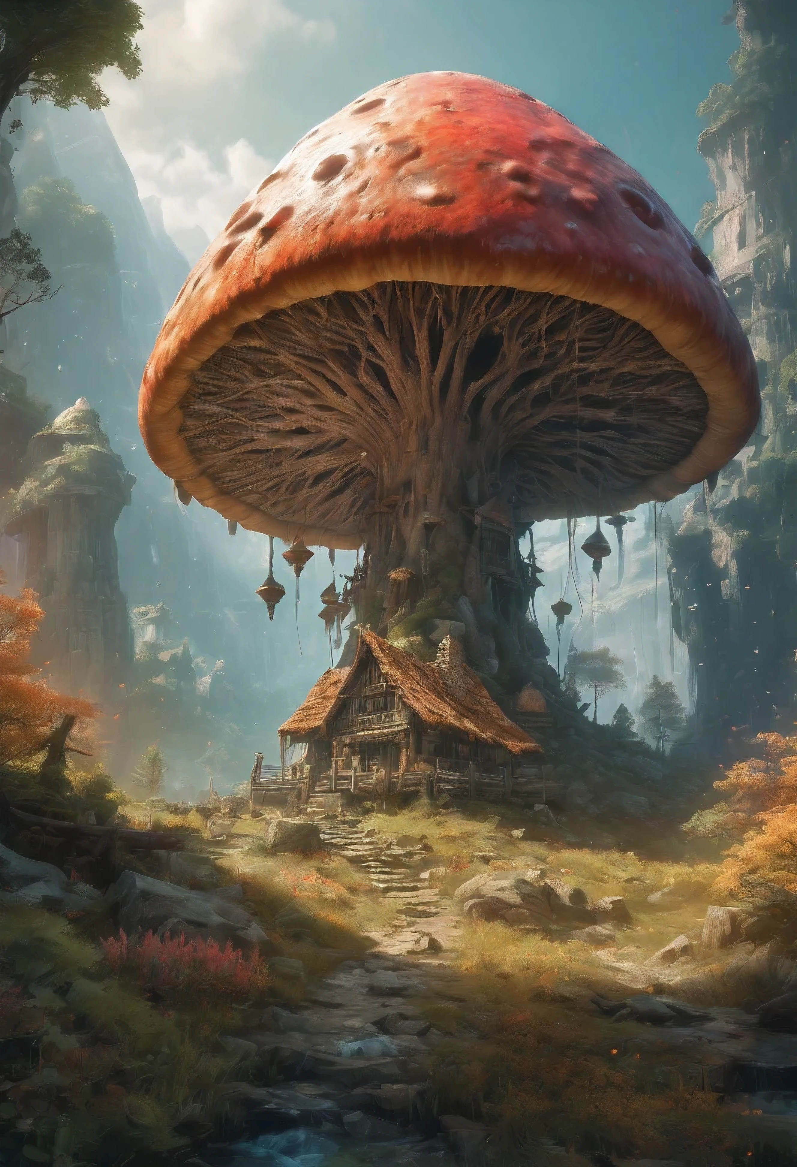 Montrez un paysage panoramique et pittoresque avec la dernière auberge à vue de loin, entouré d&#39;une forêt de champignons géants, with couleurs vives and soft lighting (esthétique:1.2,haute résolution,HDR),traits du visage réalistes,Expressions émotionnelles,monde fantastique,Paysages élaborés,forêts enchantées,Montagnes majestueuses,Batailles épiques,Donjons dangereux,créatures magiques,armure détaillée, guerriers,Éclairage dramatique,couleurs vives,quêtes héroïques,quête de trésor,lutte contre le mal,camaraderie de compagnons,voyage pour sauver le monde,des défis inattendus,Des rencontres palpitantes,composition avec profondeur,textures riches,attention au détail,expérience immersive,sens élevé de l&#39;aventure.