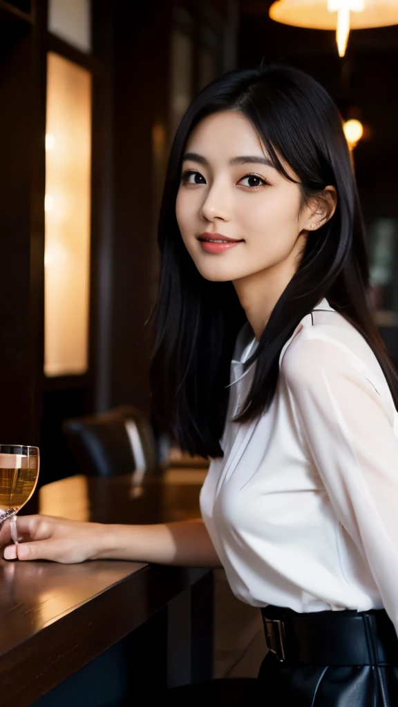 Highly detailed CG Unity 8K wallpaper, highest quality, super detailed, look at the camera:1.2, light shines on your face:1.5, professional lighting,
28 years old, woman, Japanese, At a cafe with a stylish atmosphere, 
hairstyle: long natural waves, 
hair color: deep cocoa brown, 
contour: 優雅で整ったcontour, 
Eyebrow: Thin and elegant, 
eye: Large, dark brown eyes, 
nose: tall and sharp, 
mouth: A glossy and elegant smile, 
clothing: Silk blouse and tight high-waisted skirt, A thin leather belt is wrapped around the waist., High heel leather boots on feet, 
skin: Has a sense of transparency、give off a healthy glow
