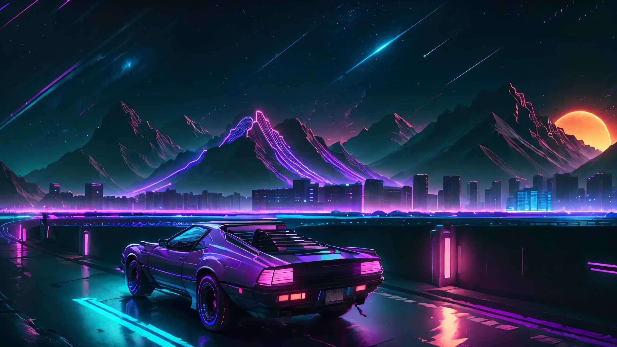 retrowave. city, car, road, purple neon lights, sun, mountain,
(masterpiece,detailed,highres),