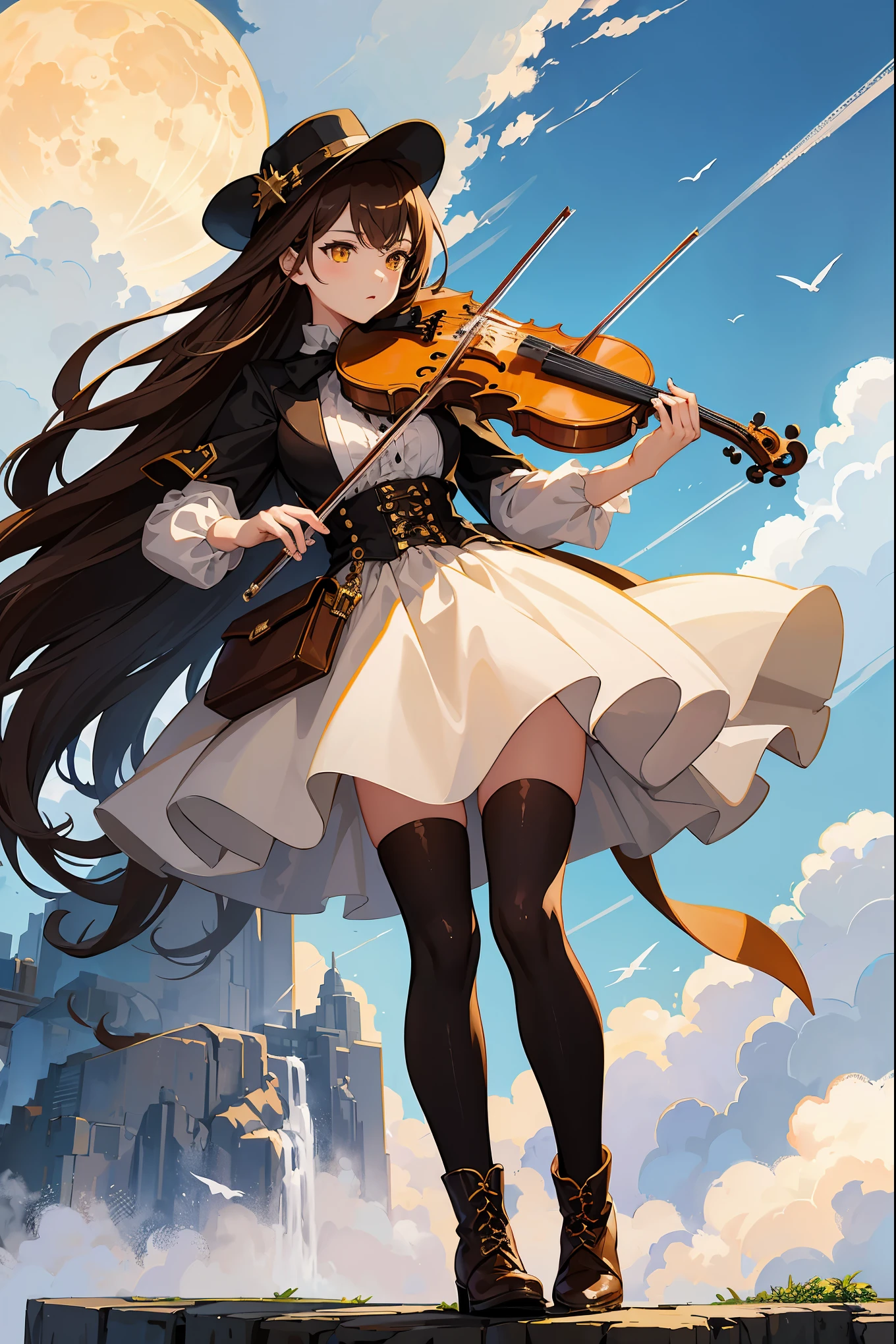 masterpiece, best quality, 1girl,full body,brown hair,mid hair,yellow eyes,boots,playing violin,brown and white dress, steampunk dress, night,moon,shootig star,cloud,lakeshore