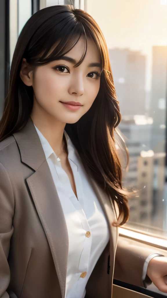 Highly detailed CG Unity 8K wallpaper, highest quality, super detailed, look at the camera:1.2, light shines on your face:1.5, professional lighting,
28 years old, woman, Japanese, city casual style, Wavy medium hair, Chocolate brown, contour: Slightly rounded oval, Eyebrow: natural arch, eye: With a big single eyelid、upward facing almond shape, brown eyes, nose: small and high, mouth: soft smile, clothing: silk blouses and tailored jackets、Slim fit jeans、high heel boots, A luxurious city girl, background: In a city office district、Beautiful sunset reflecting off the building window glass
