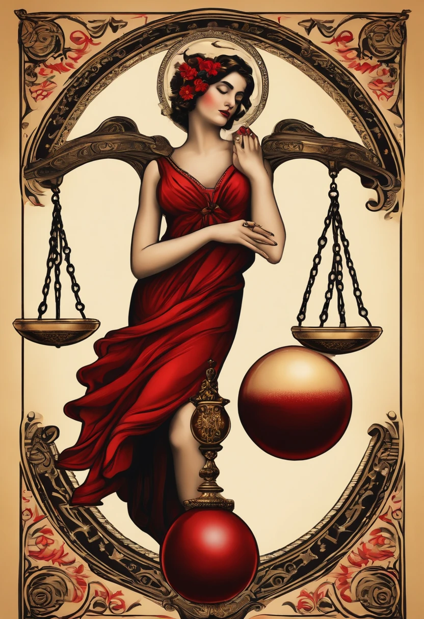 Tatuagem preta e vermelha com uma balance, 60s vintage style justice, (o signo de libra zodiaco), balance, venus symbol, ampulheta, um globo, todos os detalhes