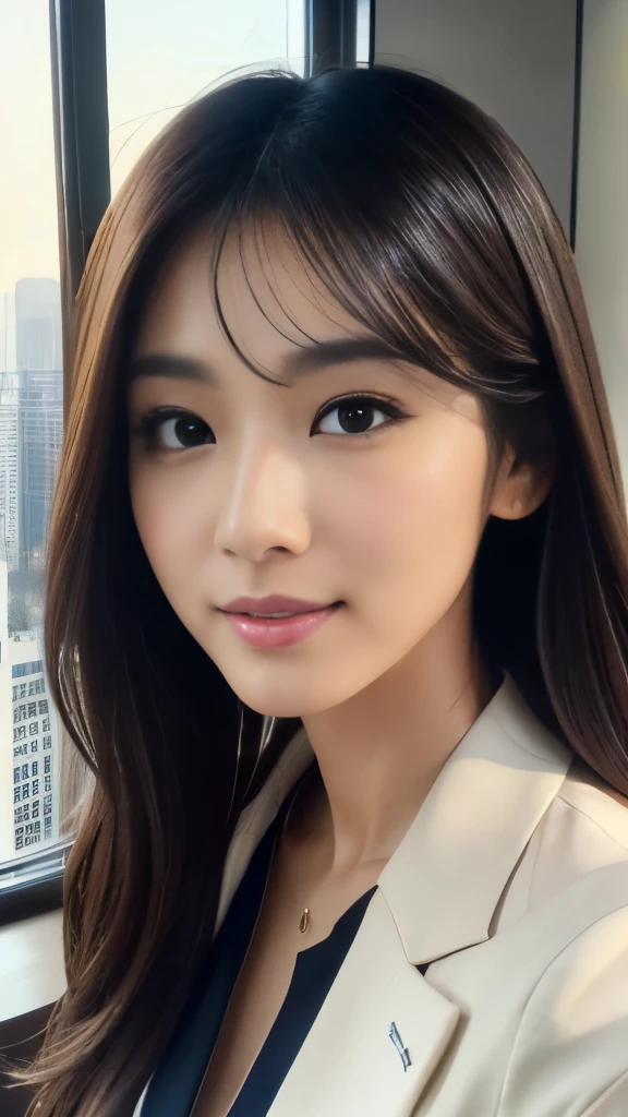 Highly detailed CG Unity 8K wallpaper, highest quality, super detailed, look at the camera:1.2, light shines on your face:1.5, professional lighting,
28 years old, woman, Japanese, city casual style, Wavy medium hair, Chocolate brown, contour: Slightly rounded oval, Eyebrow: natural arch, eye: With a big single eyelid、upward facing almond shape, brown eyes, nose: small and high, mouth: soft smile, clothing: silk blouses and tailored jackets、Slim fit jeans、high heel boots, A luxurious city girl, background: In a city office district、Beautiful sunset reflecting off the building window glass
