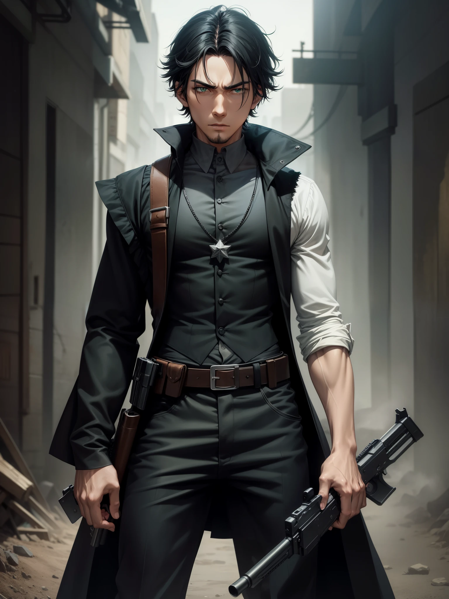 1 young black-haired man, long black vest, serious look, anime 1 man, green eyes, full body shot, cowboy shot, long black vest, serious look, anime, holding a gun, holding weapon, pistol, handgun, finger on trigger.