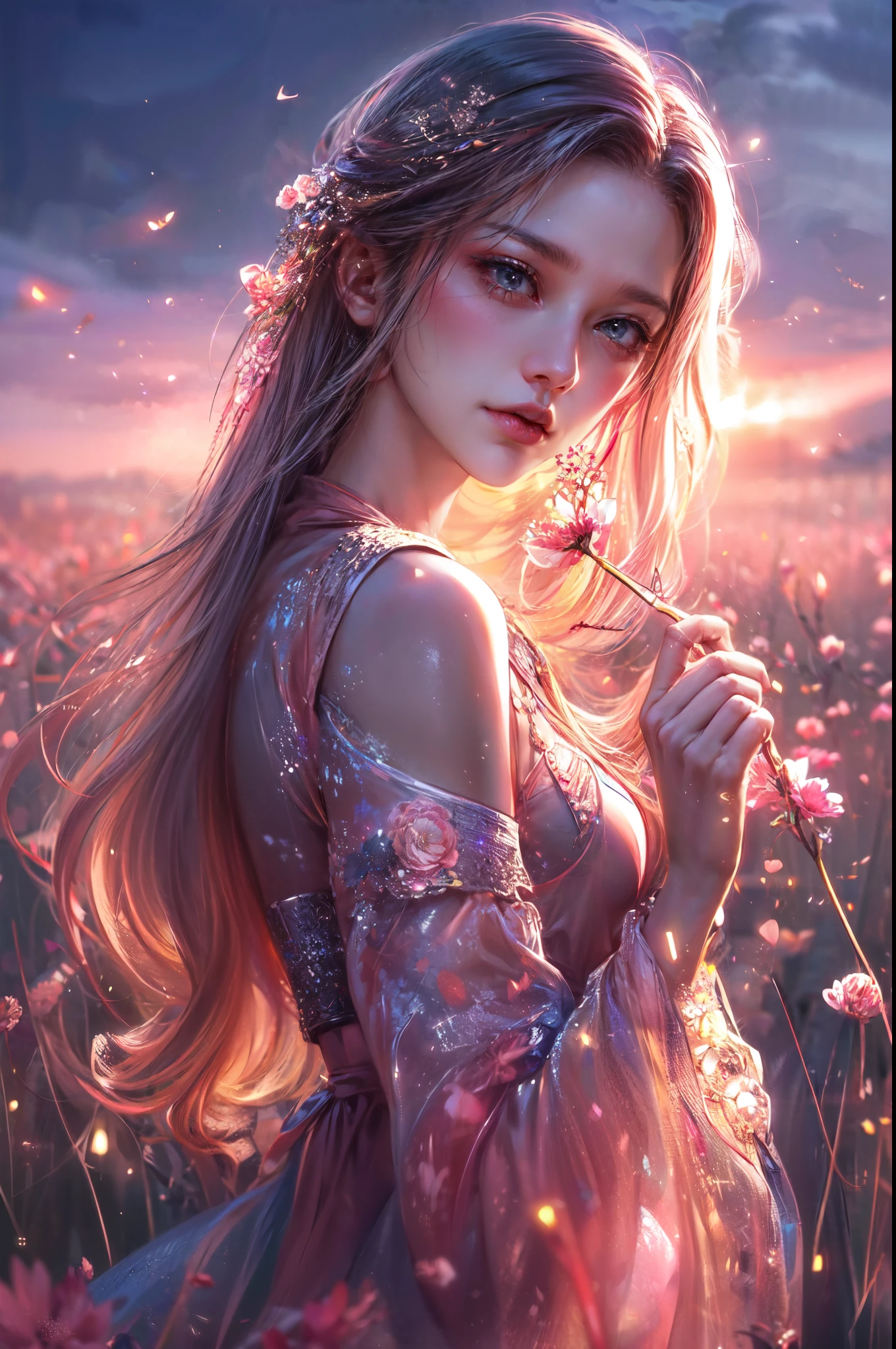 soft lighting, dreamy atmosphere, ethereal aesthetic, fantasy theme, nature elements, floral background, delicate details, flowing hair, whimsical pose, vibrant colors, close up