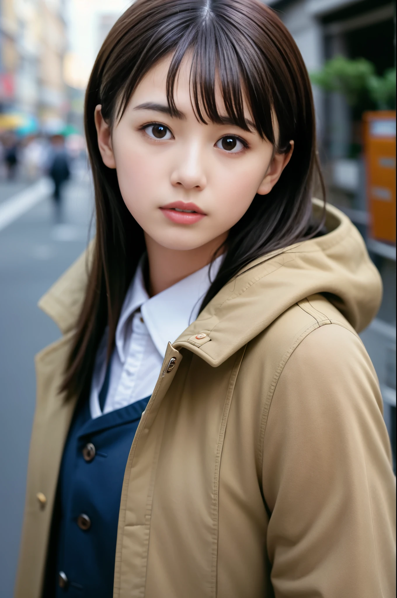 (8K, RAW photo, highest quality, masterpiece:1.3), (realistic, photo-realistic:1.4), (Highly detailed 8K wallpaper), sharp focus, Depth of written boundary,
japanese idol,very cute, (coat:1.3),(straight here : 1.4), Upper body, highly detailed face and eyes,((shiny skin:1.2)), cinematic lighting, soft light, blur background, (A city with historical landmarks, such as a castle or a cathedral)