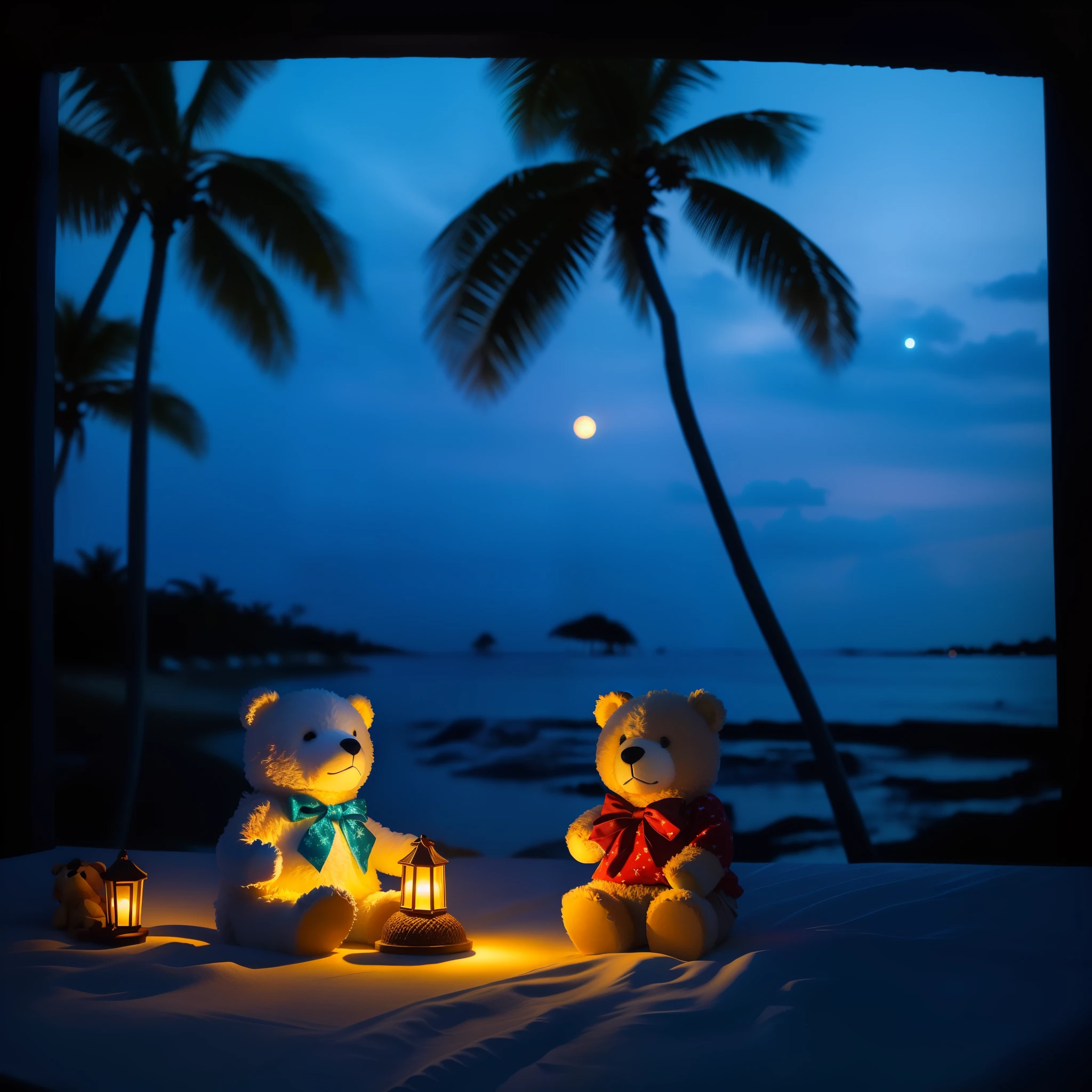 evening sleepy cute Teddy bear (realistic) Caribbean scenery ocean star lit sky sitting on the beach beautiful garden at dusk palm trees