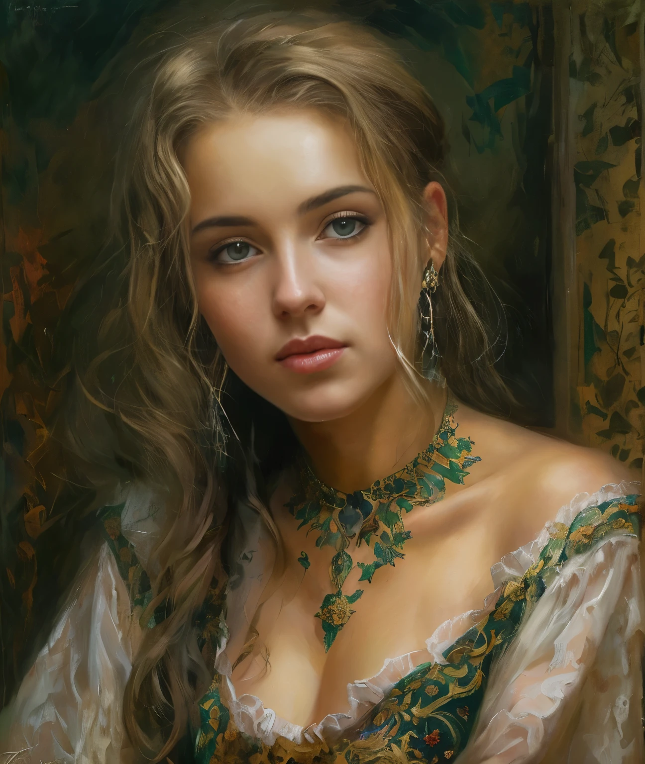 Masterpiece, upper body portrait, girl, tattoos, middle ages, traditional clothing, classicism, andrey atroshenko style, painting, traditional media, realistic, figurative, fine art, oil on canvas, HDR, 8K, original character, high resolution, high detail, focus on the face, intricate, flawless