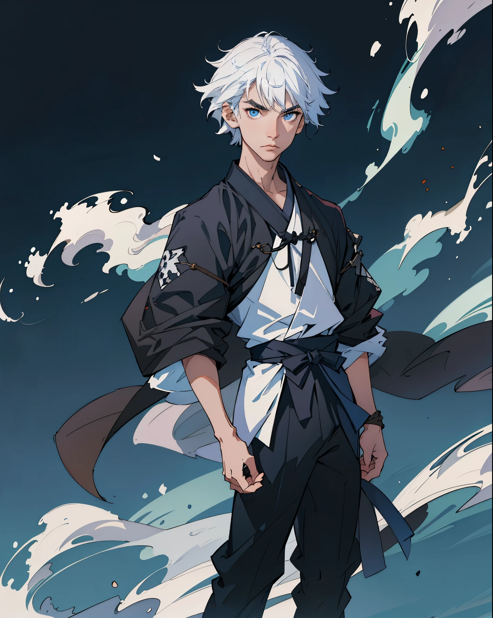 1boy, A young Japanese man with medium-length white hair, white eyebrows, blue eyes, dressed black kimono, katana, cool,dark background, showing his back and watching the viewer, standing, short hair, black katana