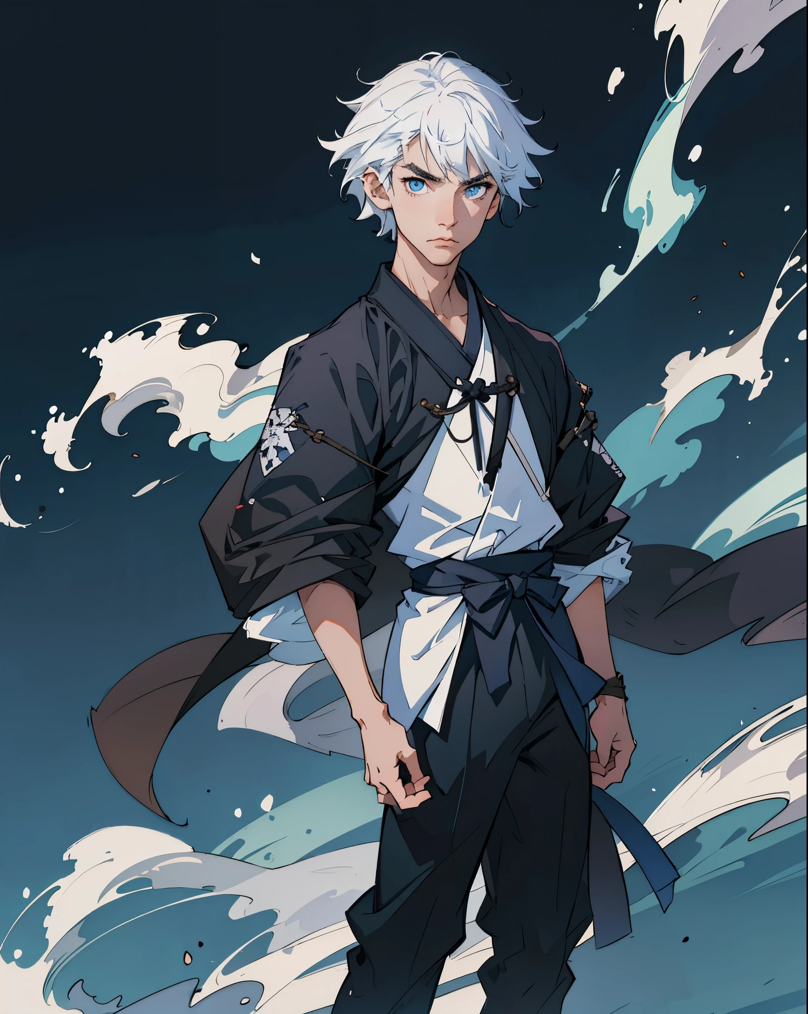 1boy, A young Japanese man with medium-length white hair, white eyebrows, blue eyes, dressed black kimono, katana, cool,dark background, showing his back and watching the viewer, standing, short hair, black katana