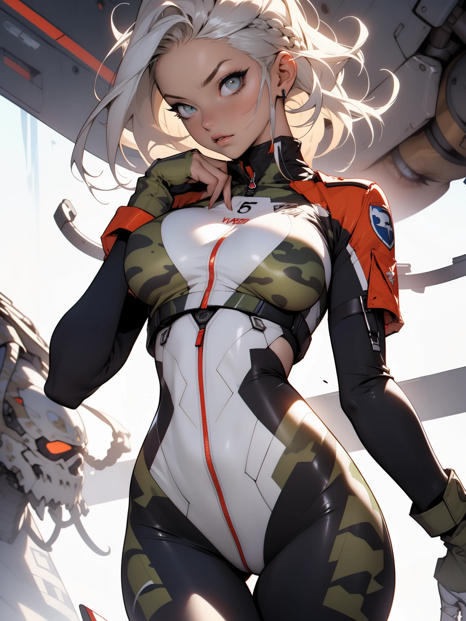 ((Best quality)), ((Masterpiece)), (Detailed: 1.4), (Absurde), Female fighter pilot ready for war with military bikini, marin, dark skinned, Sculpted body defined, corps entier, Cuisses nues, mouth closed,  Cyberpunk, half-naked, generous neckline, ((Perfect huge breasts)), (Yeux bleu clair super clairs sans pupilles), (((Bikini camouflage militaire)),  (((cheveux blancs avec tresse)))), longs cils maquillage lourd, porte-jarretelles, par mucha, niji --V5, close to real, psychopathique, visage parfait, sexy pose, Background with a giant Evangelion head, 2 piece clothes, cake, centered, scale to suit dimensions, Hdr (High Dynamic Range),Ray Tracing, NVIDIA RTX,Super-Resolution,Unreal 5,Dispersion souterraine, PBR Texture, Post-traitement, Filtrage anisotrope, profondeur de champ, Maximum Clarity and Sharpness, Textures multicouches, Albedo and specular maps, Ombrage de surface, Accurate Simulation of Light-Material Interaction, Proportions parfaites, Rendu octane, two tone lighting, Grande ouverture, ISO faible, Balance des blancs, Rule of Thirds, 8K RAW, Crysisnanosuit Bikini, thigh gap, belles hanches, Cowboy-shot