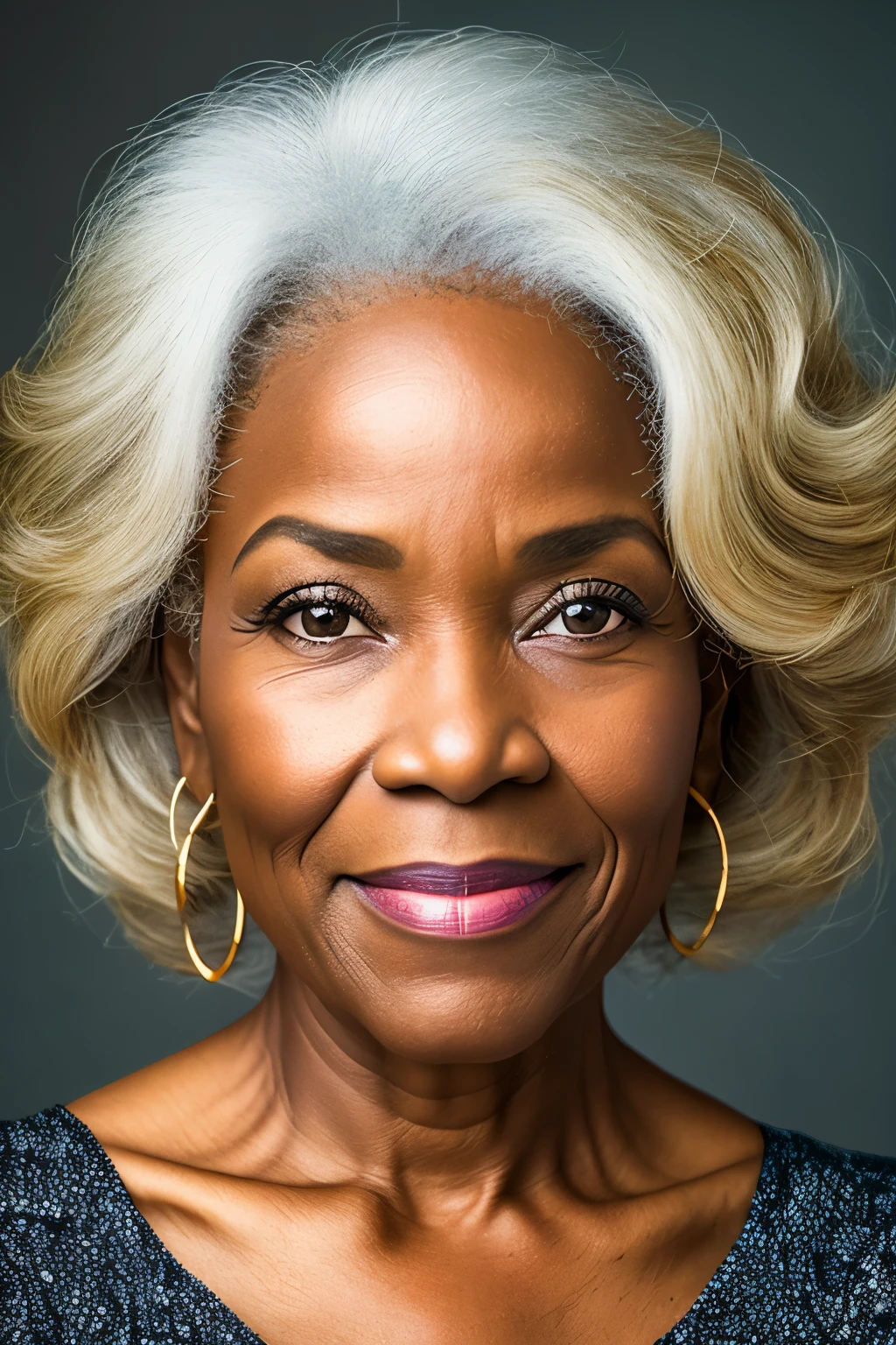 A lifelike portrait of a 60-year-old black woman with short, vibrant blonde hair. Her expressive eyes radiate wisdom, her wrinkles telling tales of a rich and fulfilled life. Sensitively captured in high resolution, this photograph is a stunning masterpiece that embodies the beauty of age and the power of self-expression. 8k, realista, detalhada, emotiva, apelativa, retrato, idoso, cabello rijo.