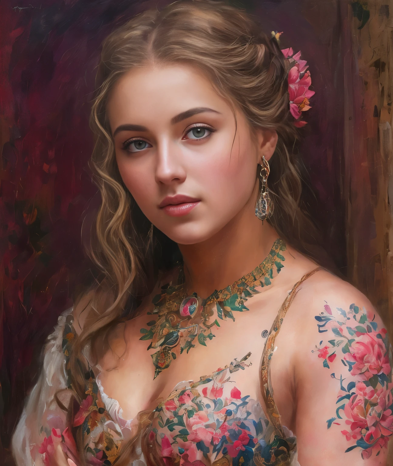 Masterpiece, upper body portrait, girl, tattoos, middle ages, traditional clothing, classicism, andrey atroshenko style, painting, traditional media, realistic, figurative, fine art, oil on canvas, HDR, 8K, original character, high resolution, high detail, focus on the face, intricate, flawless