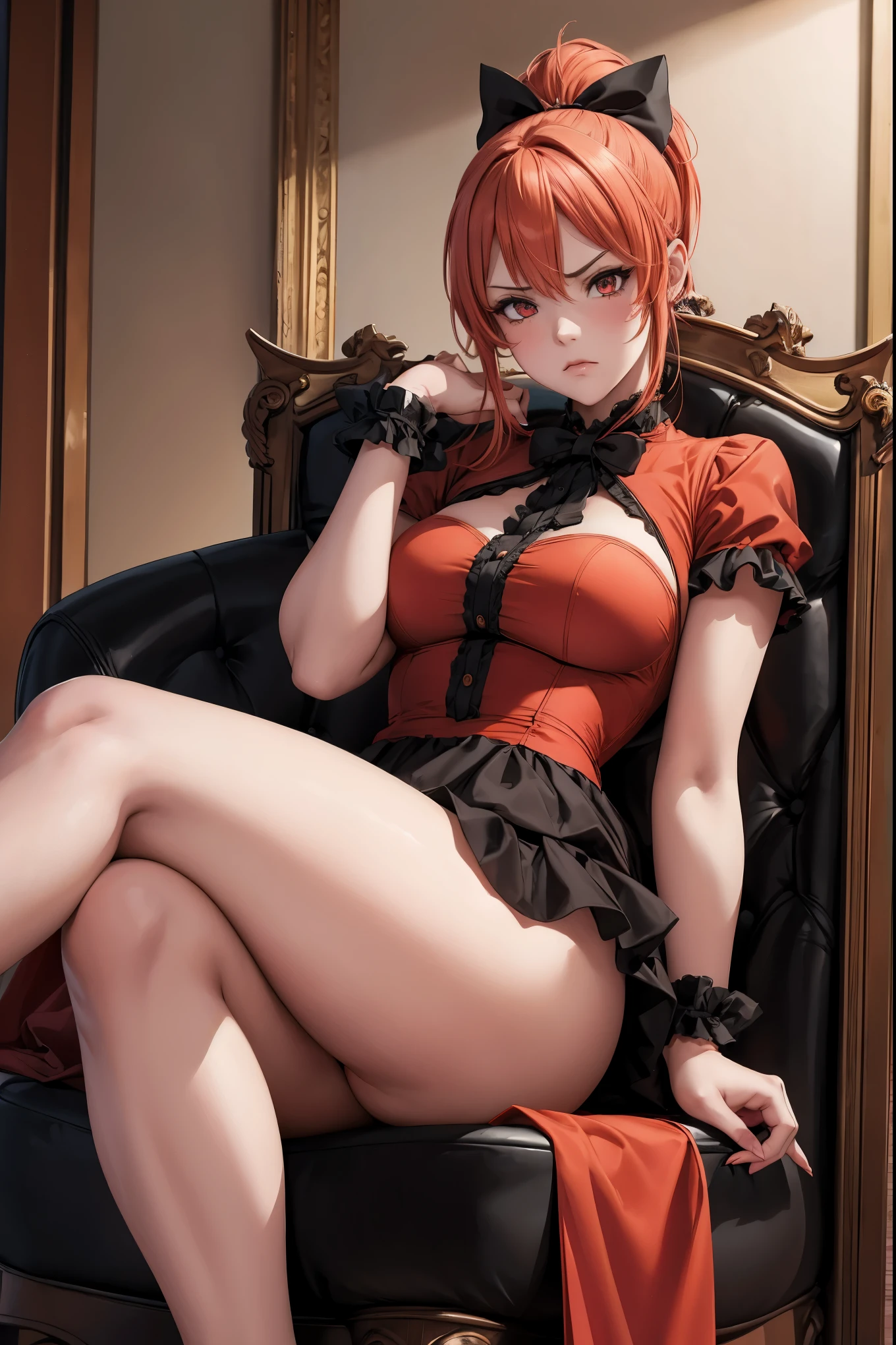 1girl, cute, red sinister eyes, peach colored hair with a black bow, ponytail, sitting on a grand throne, upset face, downward angle, nsfw